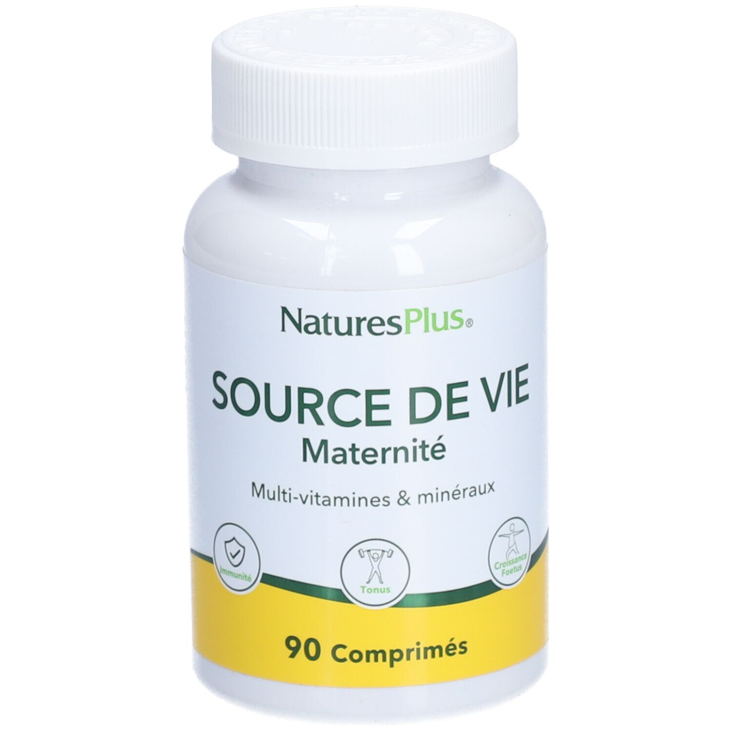 Flacon blanc NATURE'S + SOURCE DE VIE MATERNITE. Inscription: Multi-vitamines & minéraux. Contient 90 comprimés.