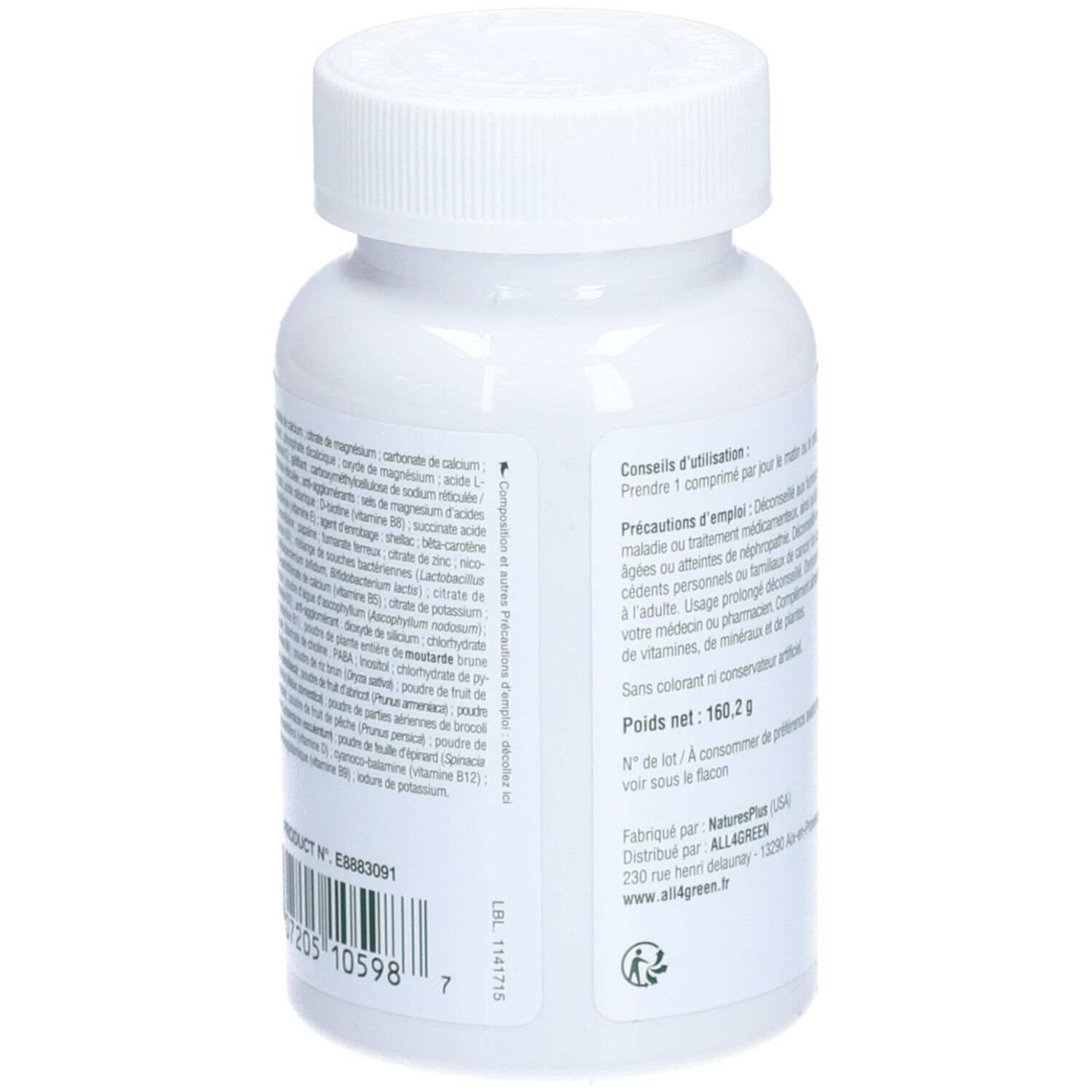 Flacon blanc NATURE'S + SOURCE DE VIE MATERNITE. Inscription: Multi-vitamines & minéraux. Dos avec ingrédients et informations.