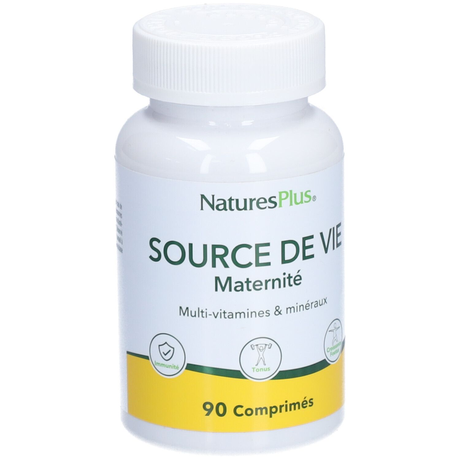 Flacon blanc NATURE'S + SOURCE DE VIE MATERNITE. Inscription: Multi-vitamines & minéraux. 90 comprimés.