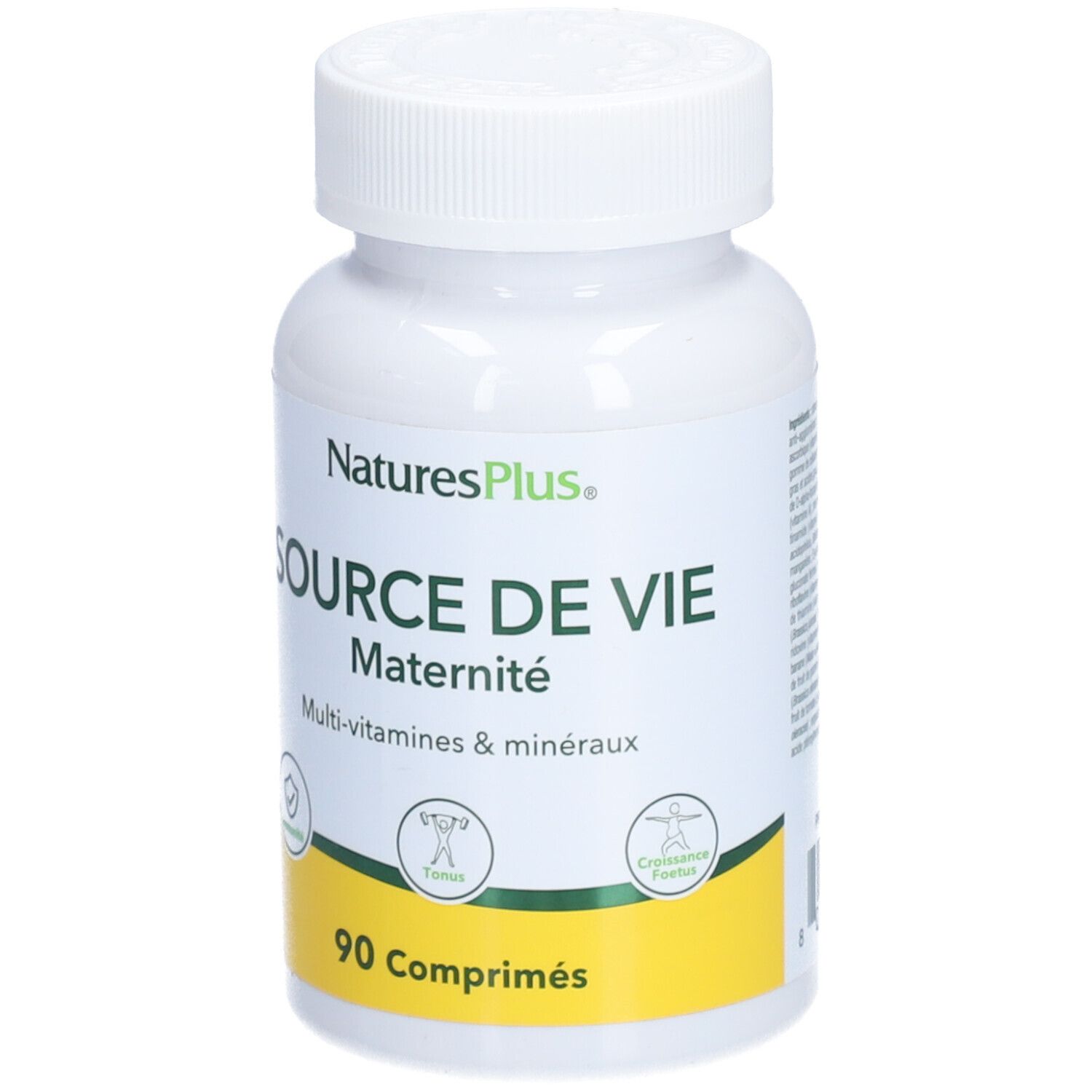 Flacon blanc NATURE'S + SOURCE DE VIE MATERNITE. Inscription: Multi-vitamines & minéraux. 90 comprimés.