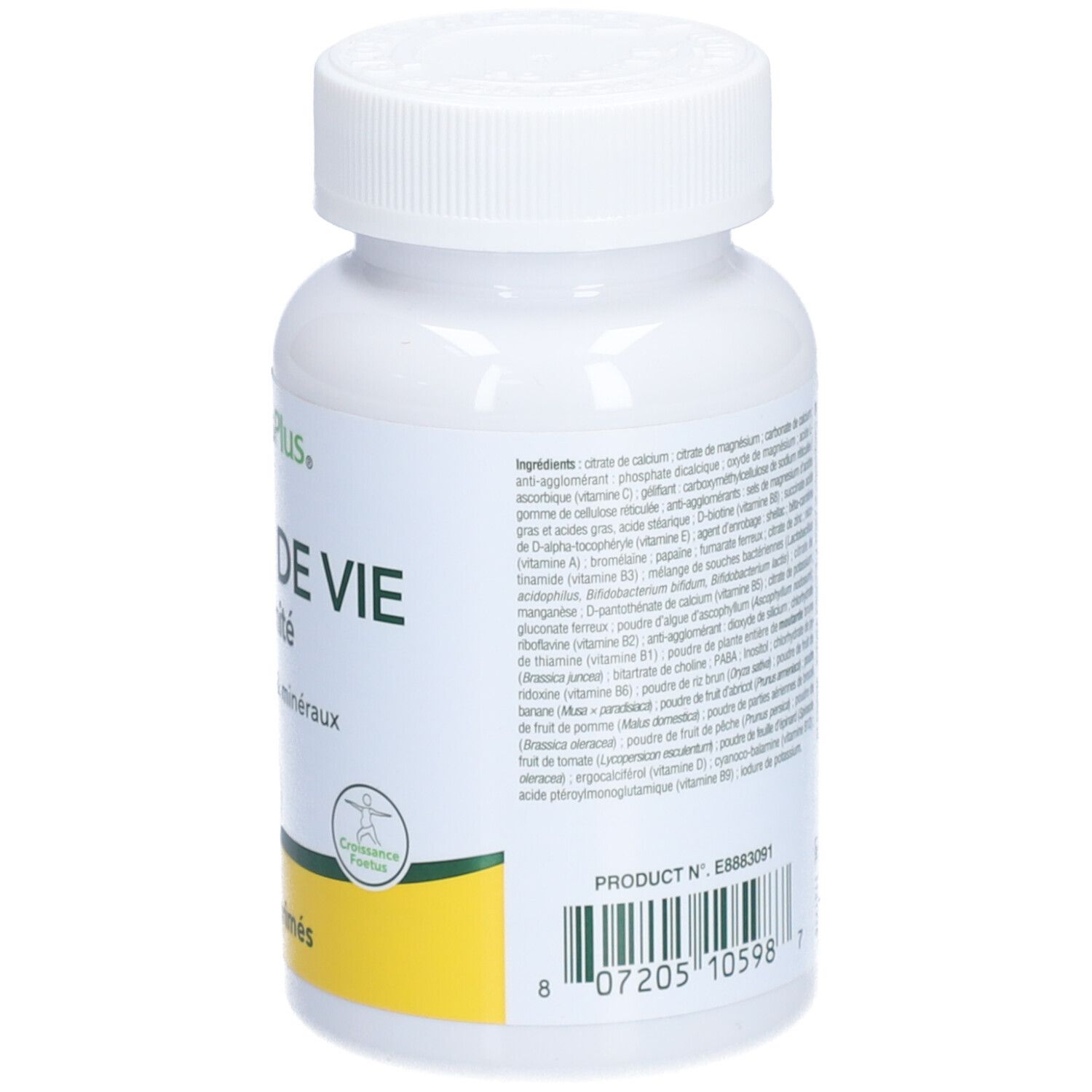 Flacon blanc NATURE'S + SOURCE DE VIE MATERNITE. Inscription: Multi-vitamines & minéraux. Dos avec ingrédients et informations.