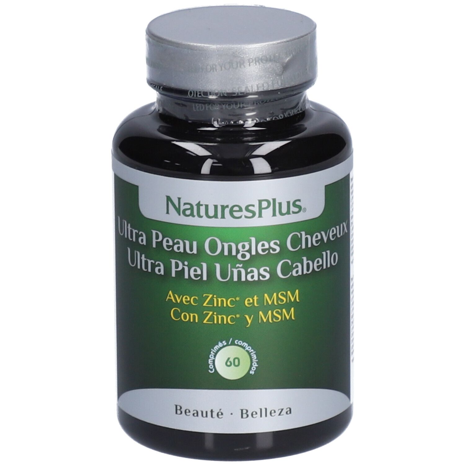 Flacon noir avec capsules. Inscription: Ultra Peau Ongles Cheveux, Avec Zinc et MSM, 60 comprimés.