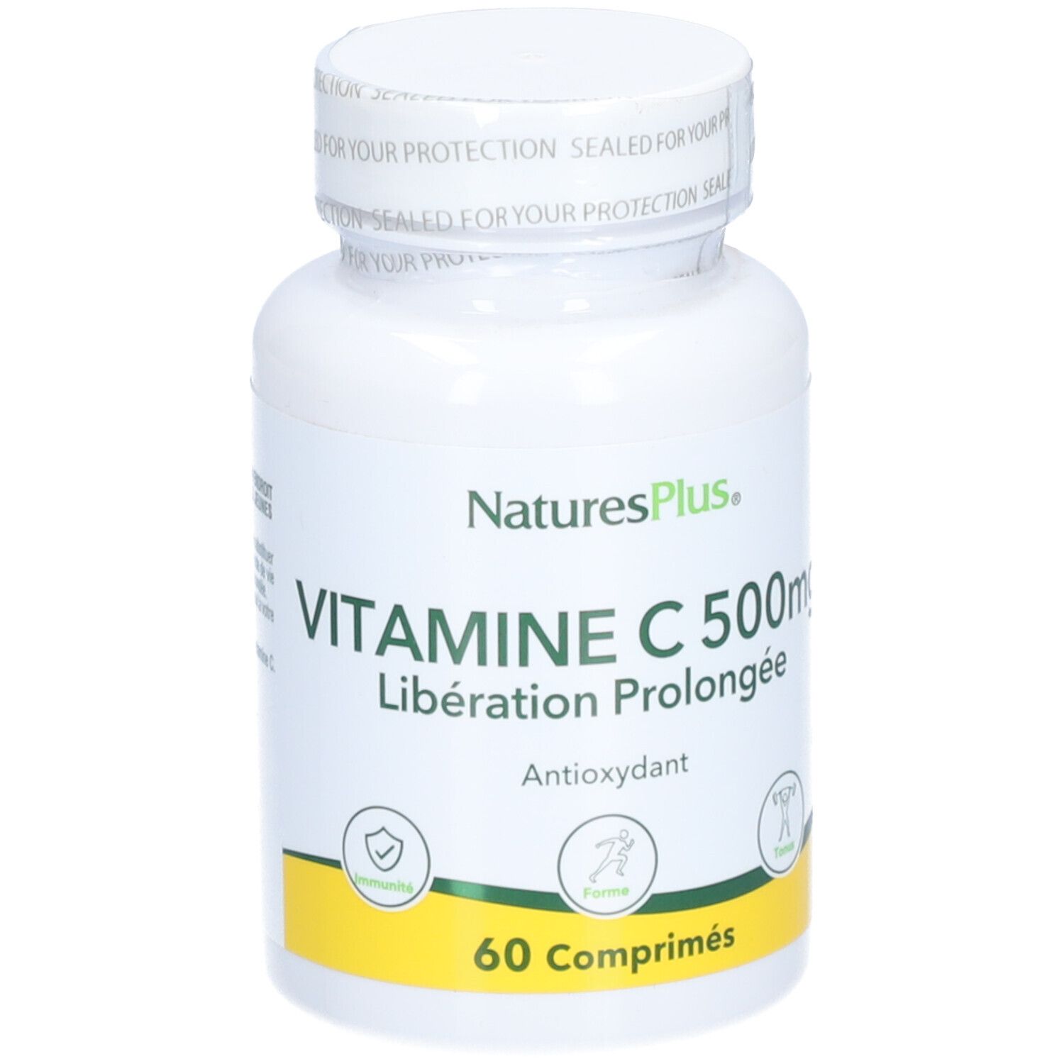 Flacon blanc NATURE'S+ VITAMINE C 500mg. 60 comprimés. Étiquette jaune. Bouchon à vis.