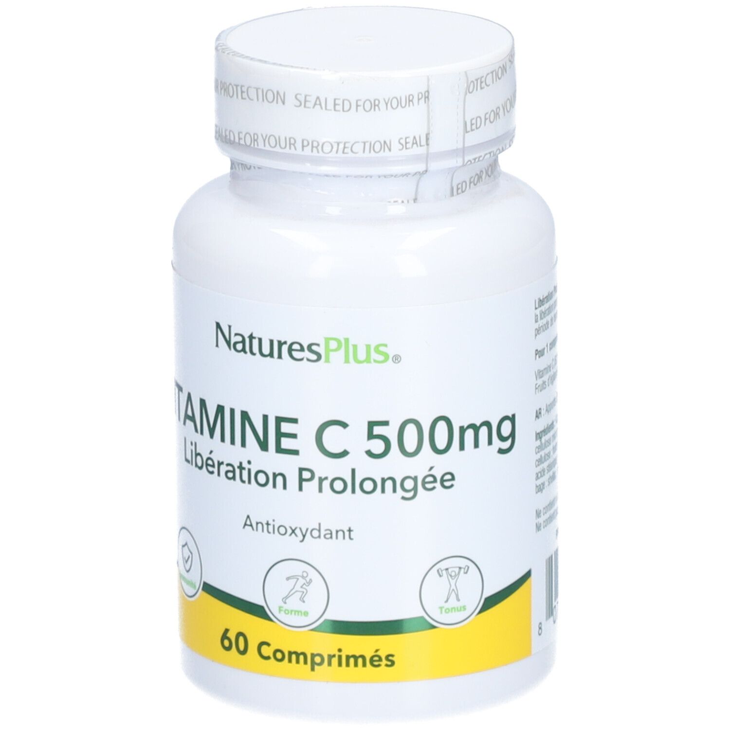 Flacon blanc NATURE'S+ VITAMINE C 500mg. Étiquette jaune. Bouchon à vis.