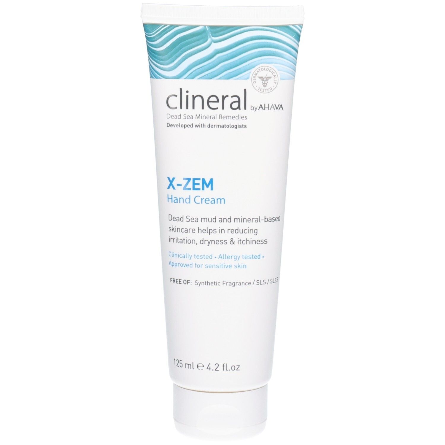 Tube de crème Clineral X-ZEM Hand Cream. Blanc, motif vagues bleues. Texte: X-ZEM, Hand Cream, Dead Sea Mineral Remedies.