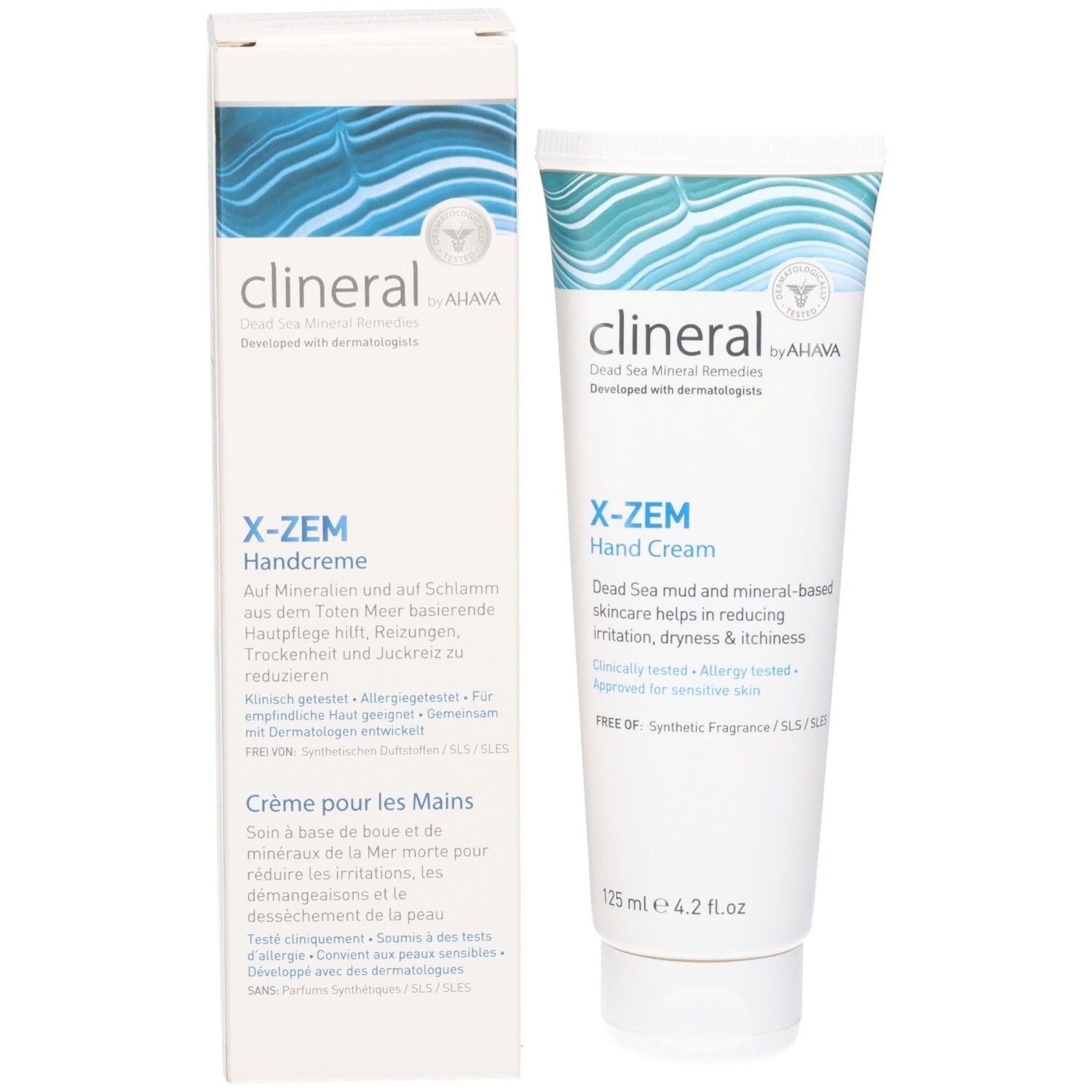 Clineral X-ZEM Hand Cream, tube et emballage. Blanc, vagues bleues. Texte: X-ZEM, Hand Cream, Dead Sea Mineral Remedies.