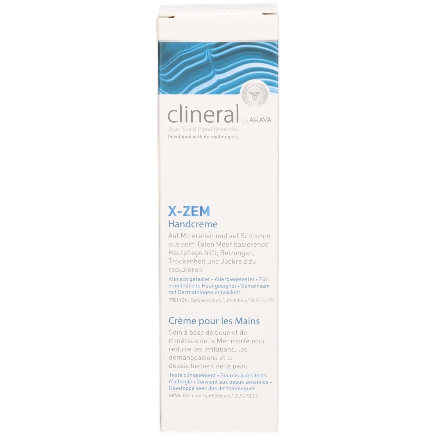 Emballage de la crème pour les mains Clineral X-ZEM. Blanc, vagues bleues. Texte: X-ZEM Hand Cream, informations d'utilisation et ingrédients.