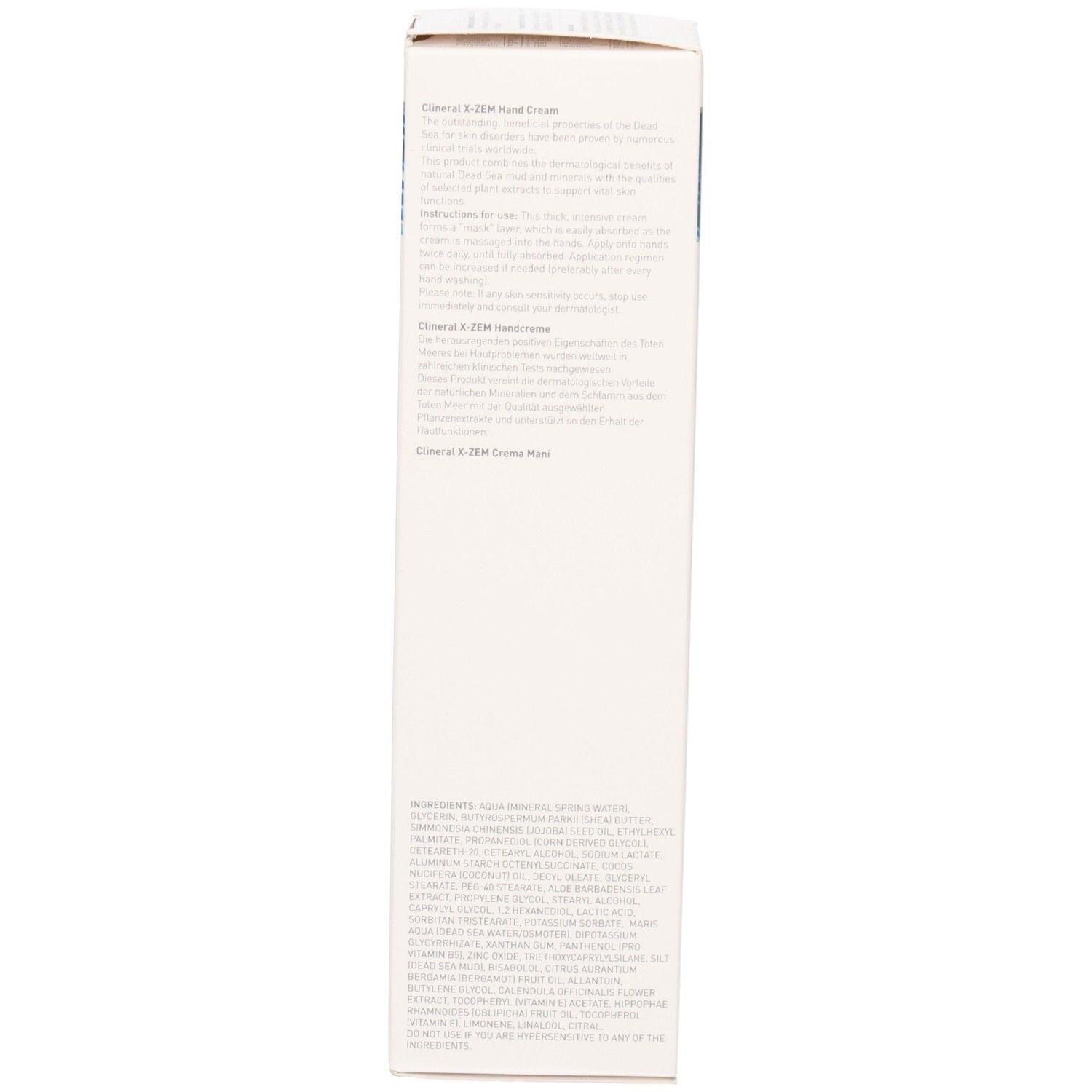 Côté de l'emballage de la crème pour les mains Clineral X-ZEM. Texte multilingue. Contient des informations sur les ingrédients.