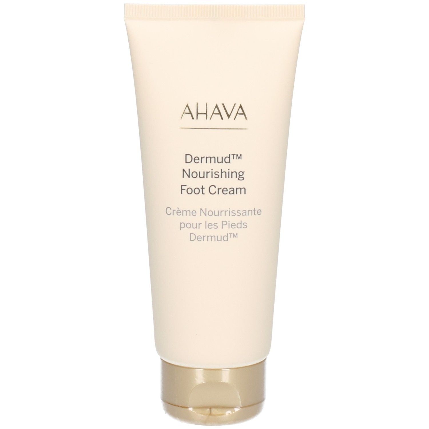 Tube beige avec bouchon doré. Logo AHAVA et nom du produit. Texte: Dermud™ Nourishing Foot Cream.