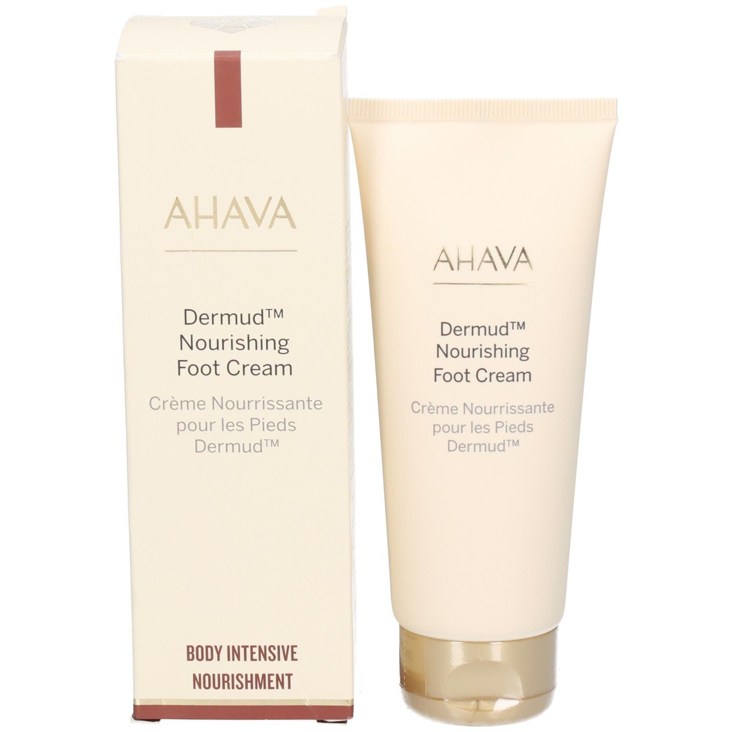 Emballage du produit avec tube. Boîte et tube beiges. Logo AHAVA et nom du produit. Texte: Body Intensive Nourishment.