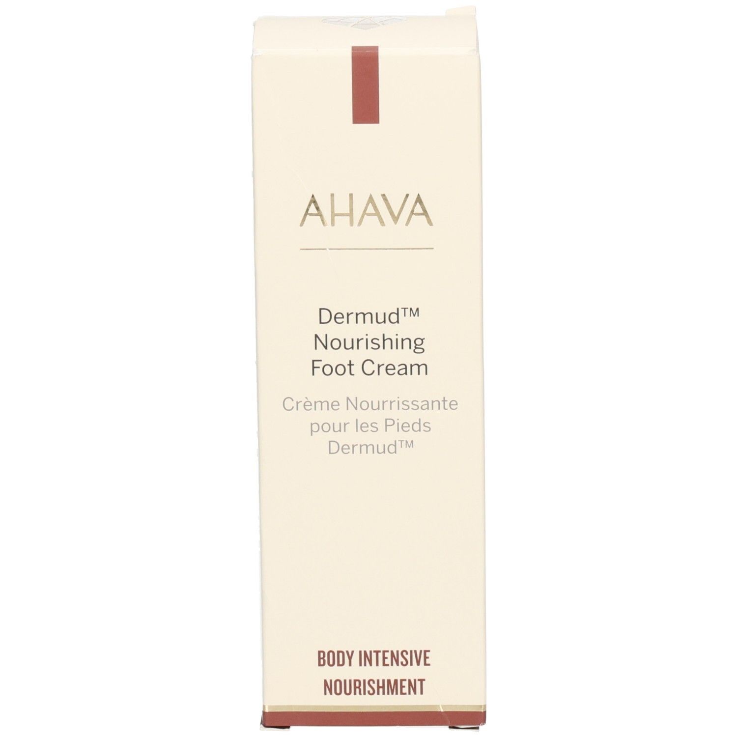 Emballage du produit. Boîte beige avec logo AHAVA et nom du produit. Texte: Dermud™ Nourishing Foot Cream.
