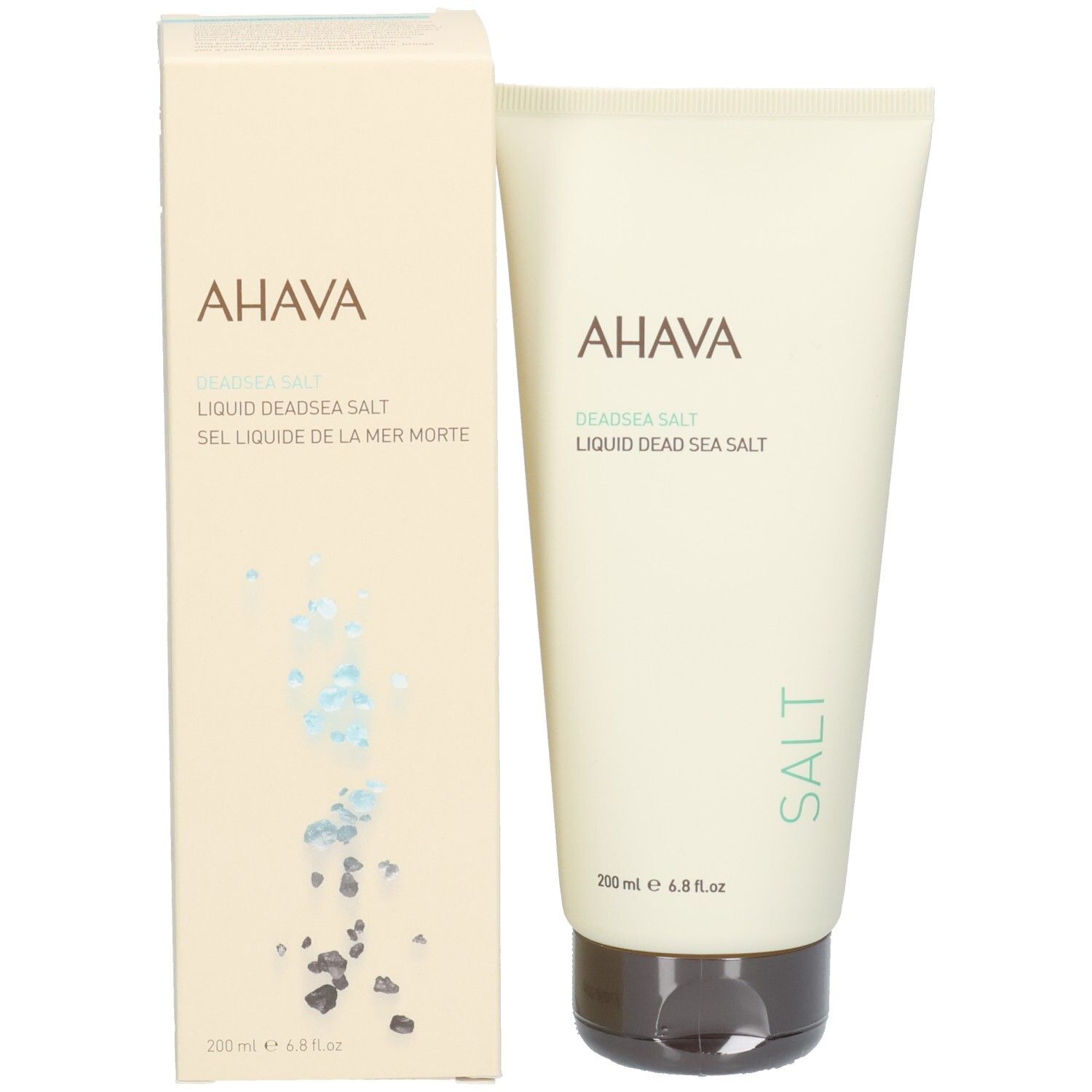 Emballage du produit avec tube et boîte. Logo AHAVA et nom du produit. Tube et boîte beiges.
