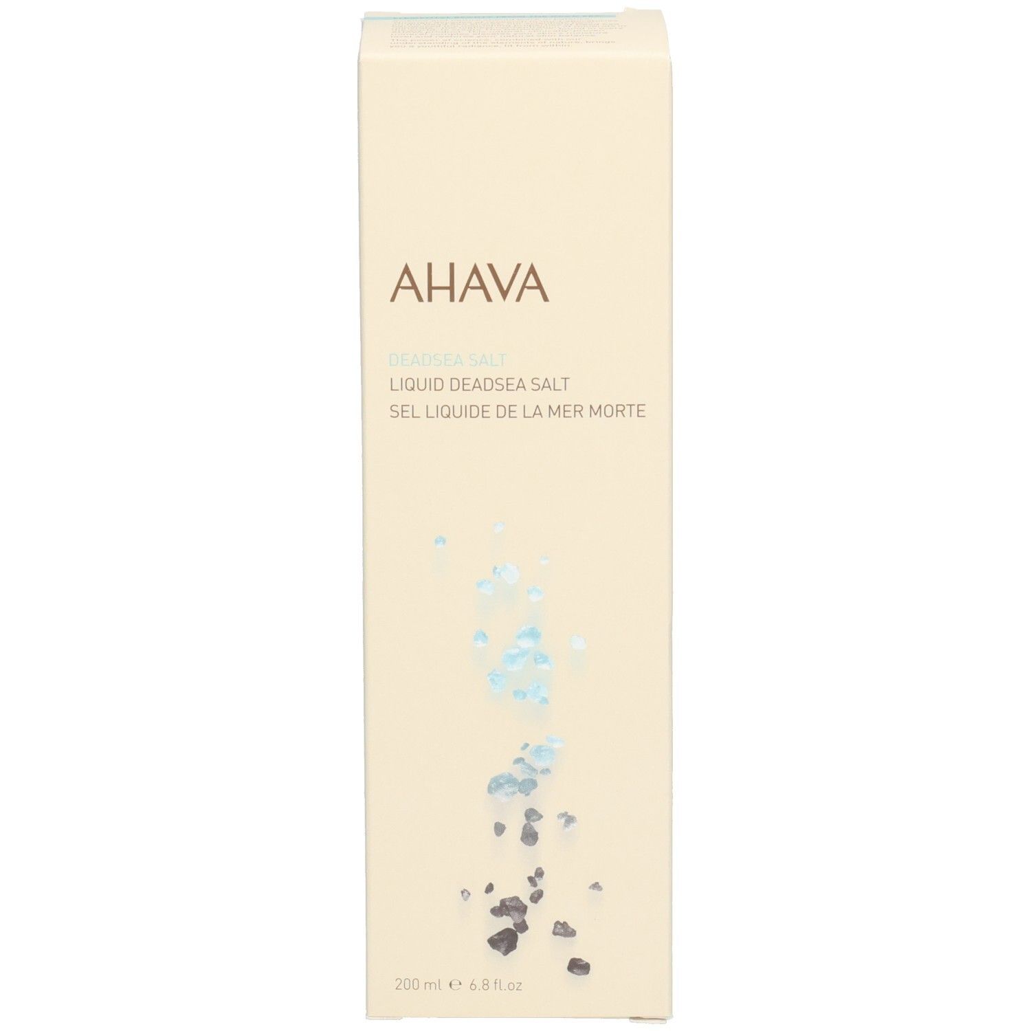 Boîte avec logo AHAVA et nom du produit. Boîte beige avec accents bleus et gris.