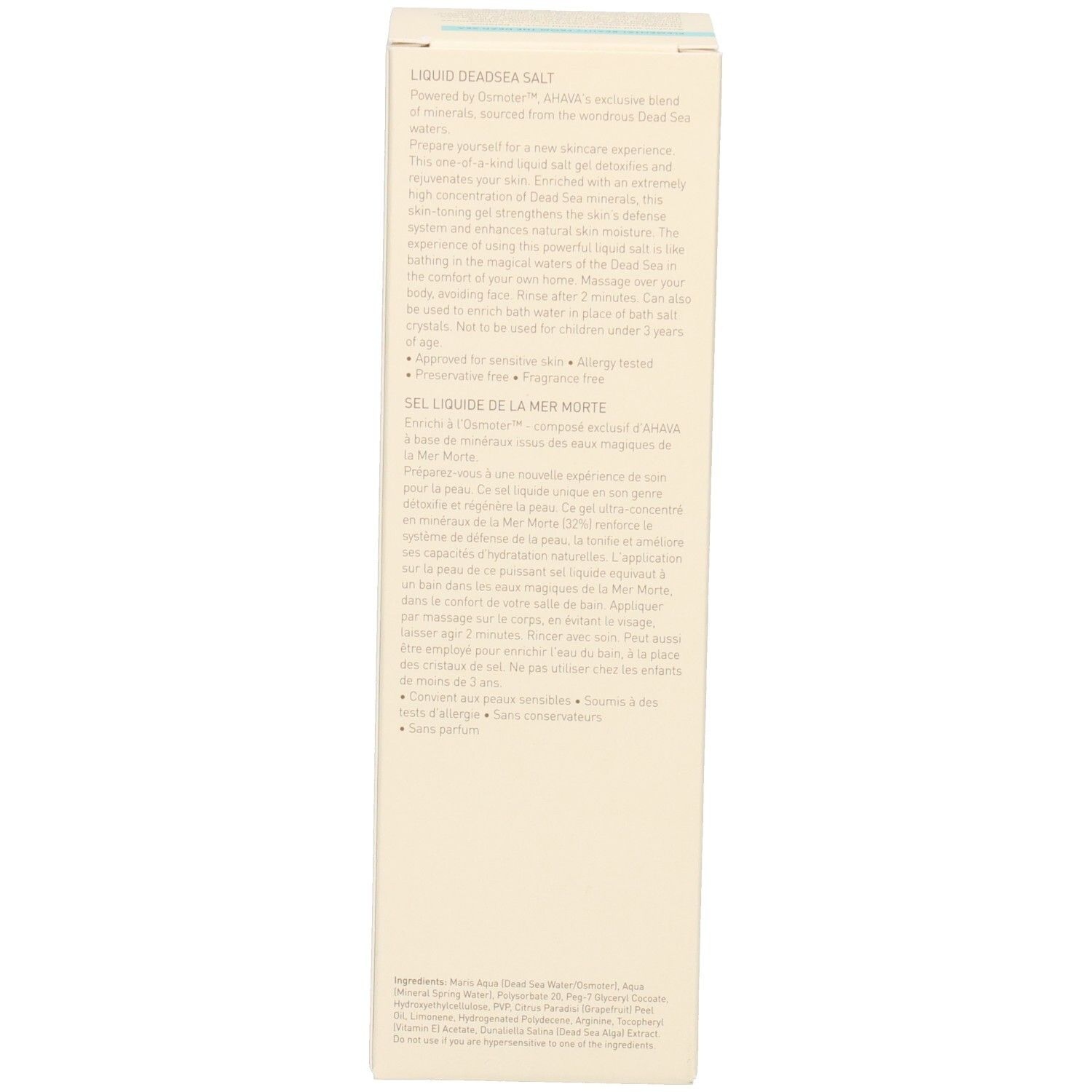 Côté de la boîte avec texte. Fond beige avec texte marron. Informations sur le produit.
