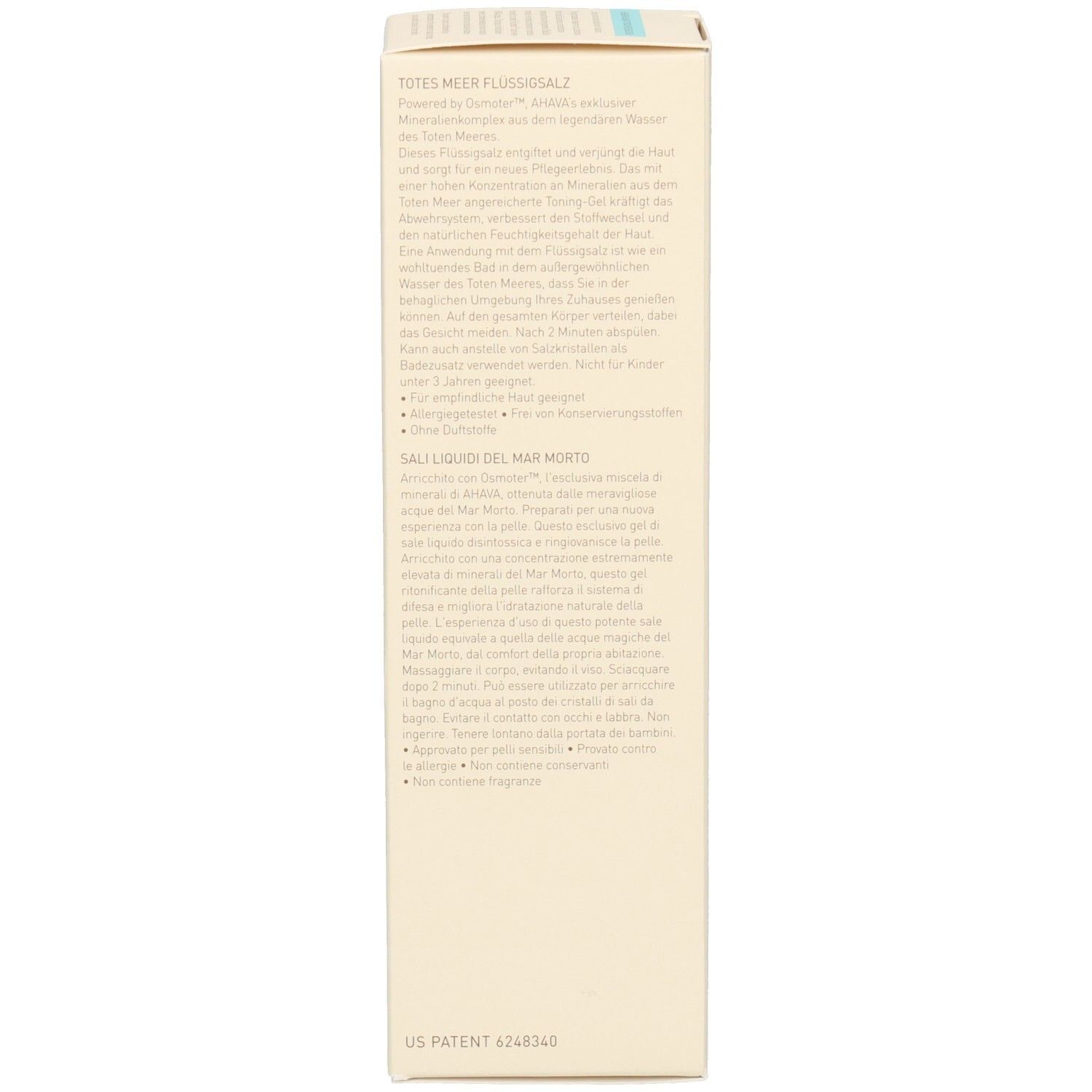 Côté de la boîte avec texte. Fond beige avec texte marron. Informations sur le produit.