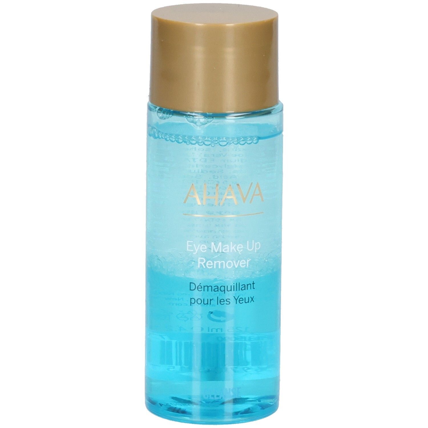 Ahava Démaquillant minéral pour les yeux. Flacon transparent, liquide bleu, bouchon doré. Inscriptions visibles.