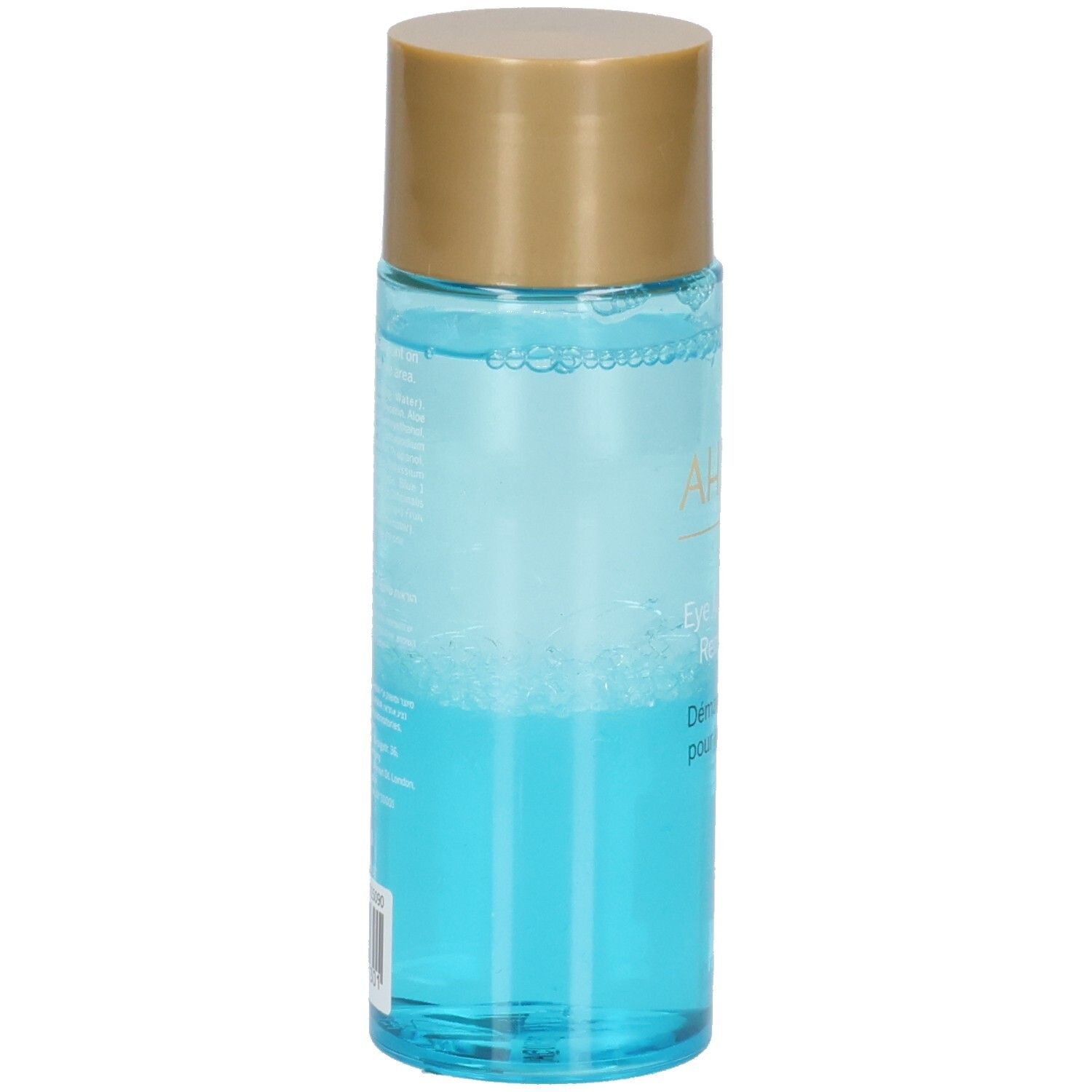 Ahava Démaquillant minéral pour les yeux. Vue arrière du flacon avec informations. Liquide bleu visible.