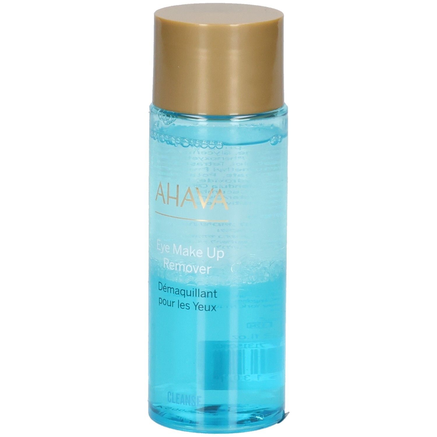 Ahava Démaquillant minéral pour les yeux. Flacon transparent, liquide bleu, bouchon doré. Inscriptions visibles.