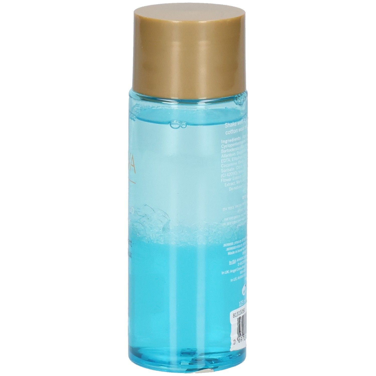 Ahava Démaquillant minéral pour les yeux. Vue arrière du flacon avec informations. Liquide bleu visible.