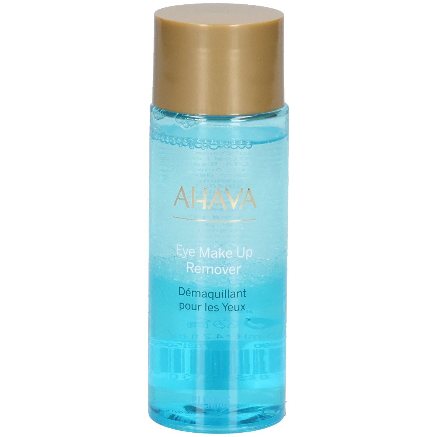 Ahava Démaquillant minéral pour les yeux. Flacon transparent, liquide bleu, bouchon doré. Inscriptions visibles.
