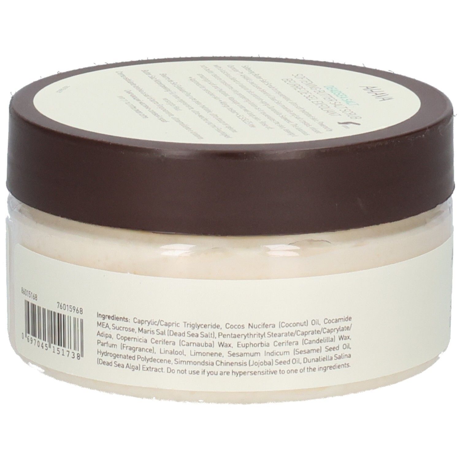 Dos du produit Ahava. Récipient transparent avec couvercle marron. Inscription : liste des ingrédients, code-barres, informations fabricant.