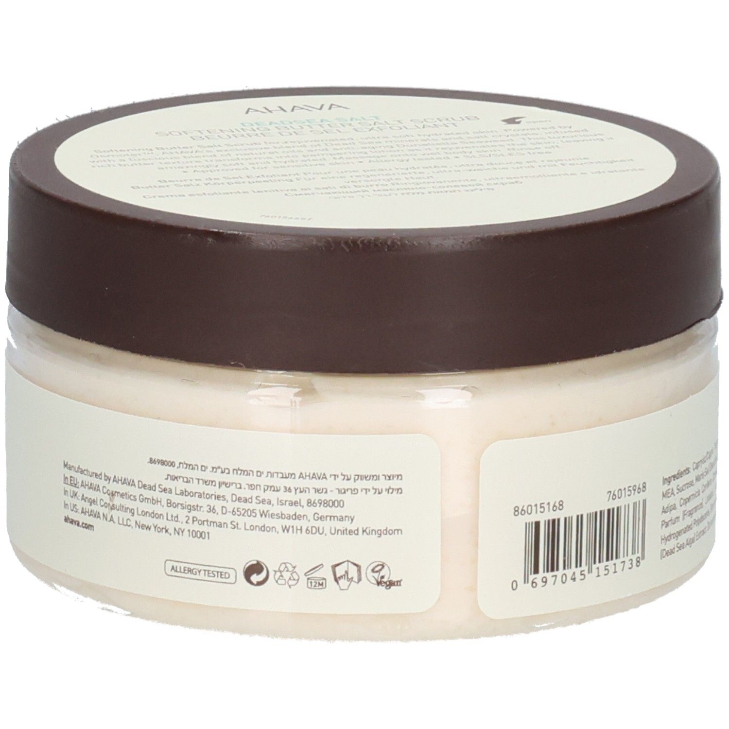 Vue arrière du produit Ahava. Récipient transparent avec couvercle marron. Inscription : informations fabricant, code-barres, logos.