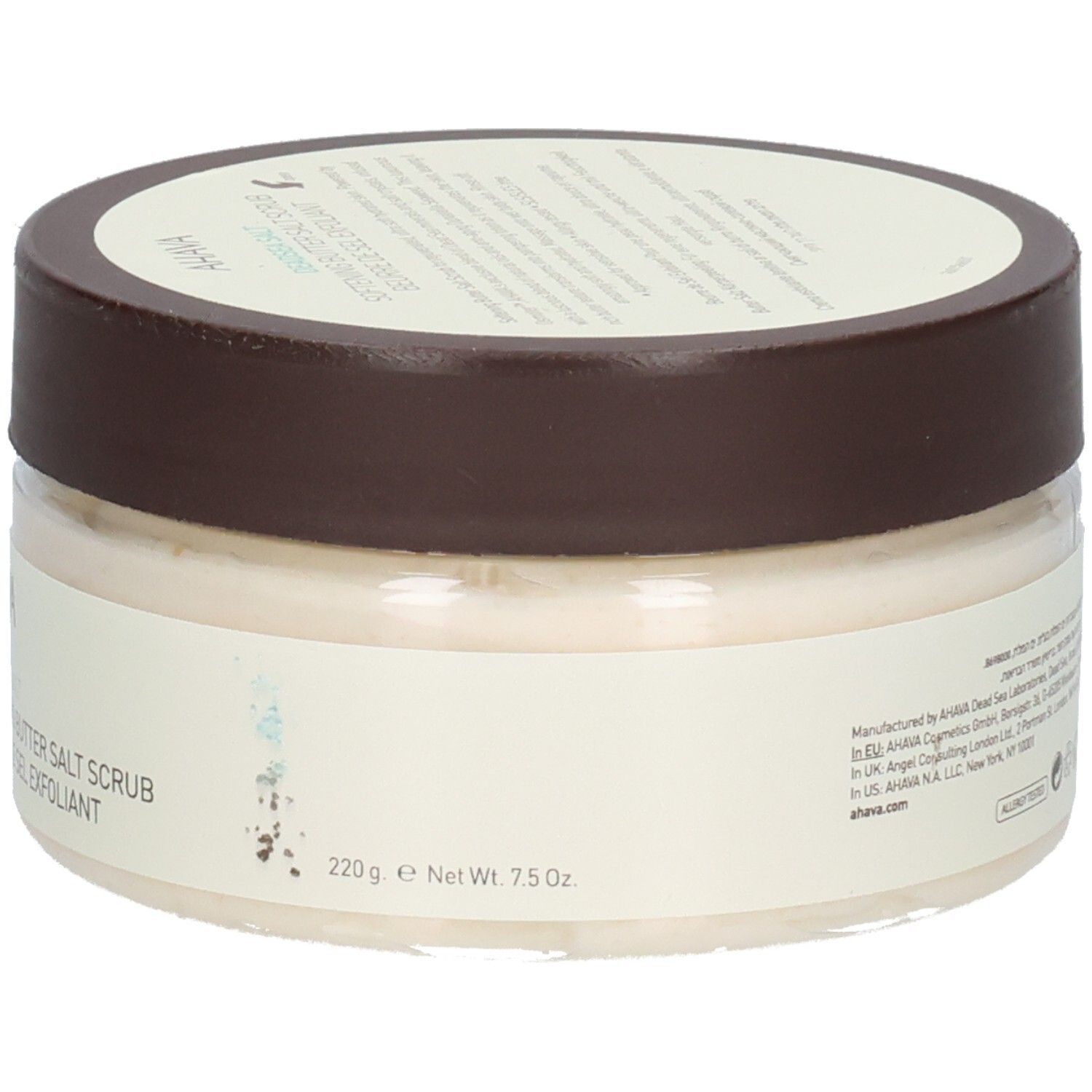 Vue arrière du produit Ahava. Récipient transparent avec couvercle marron. Inscription : informations fabricant, 220 g, 7.5 Oz.
