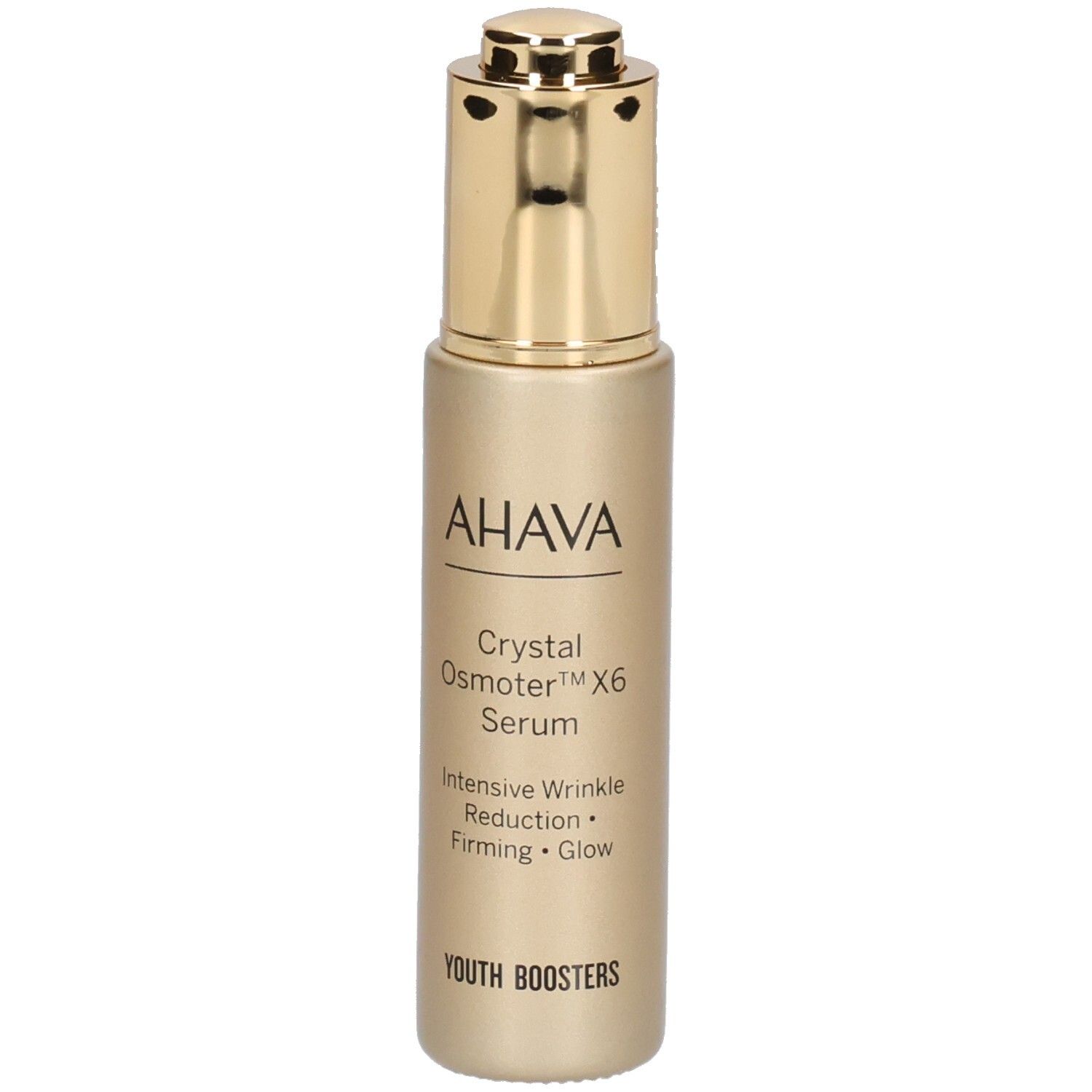 Flacon doré avec logo AHAVA et nom du produit. Contient du sérum. Avec bouchon doré.