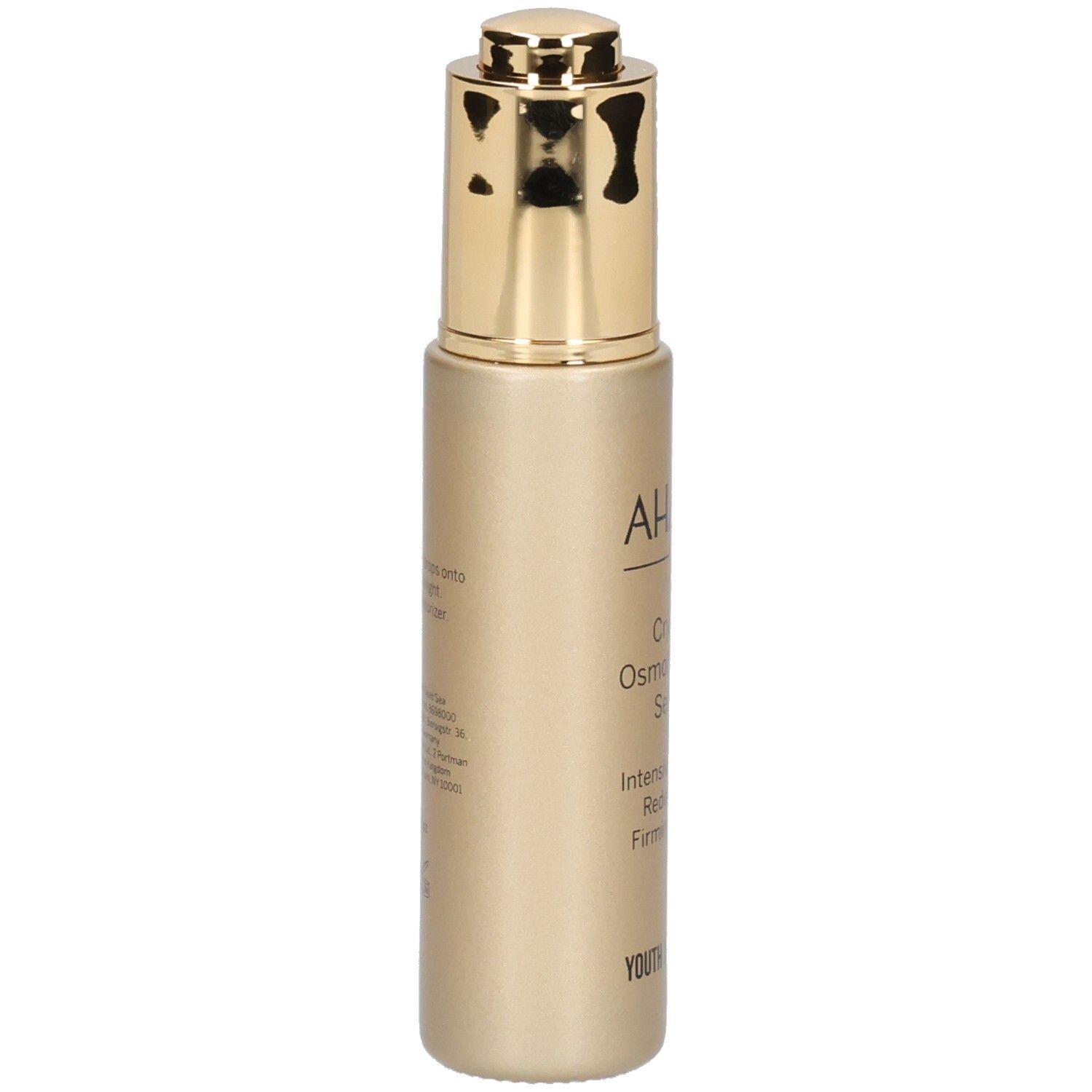 Flacon doré avec logo AHAVA et nom du produit. Contient du sérum. Dos avec texte.
