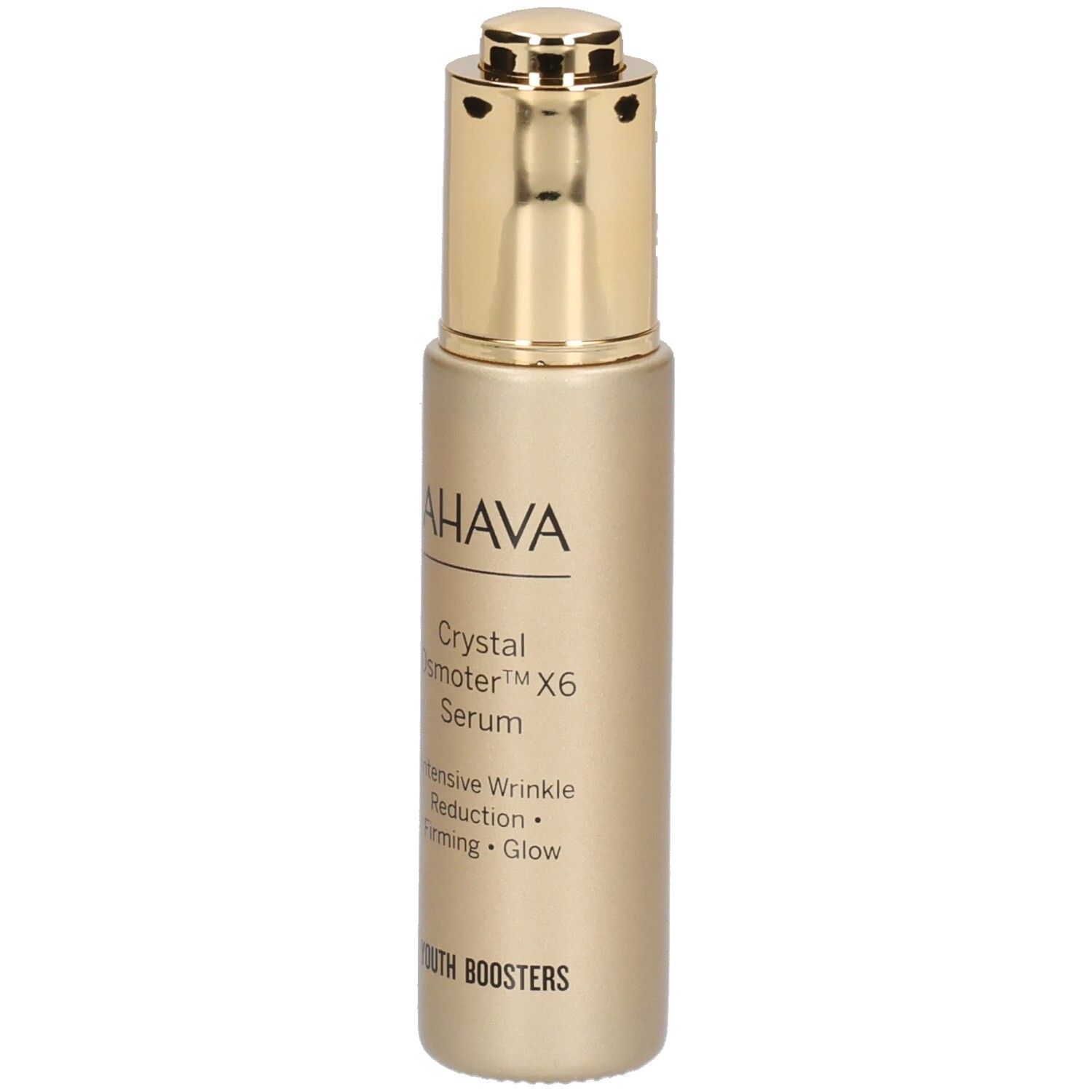 Flacon doré avec logo AHAVA et nom du produit. Contient du sérum. Avec bouchon doré.