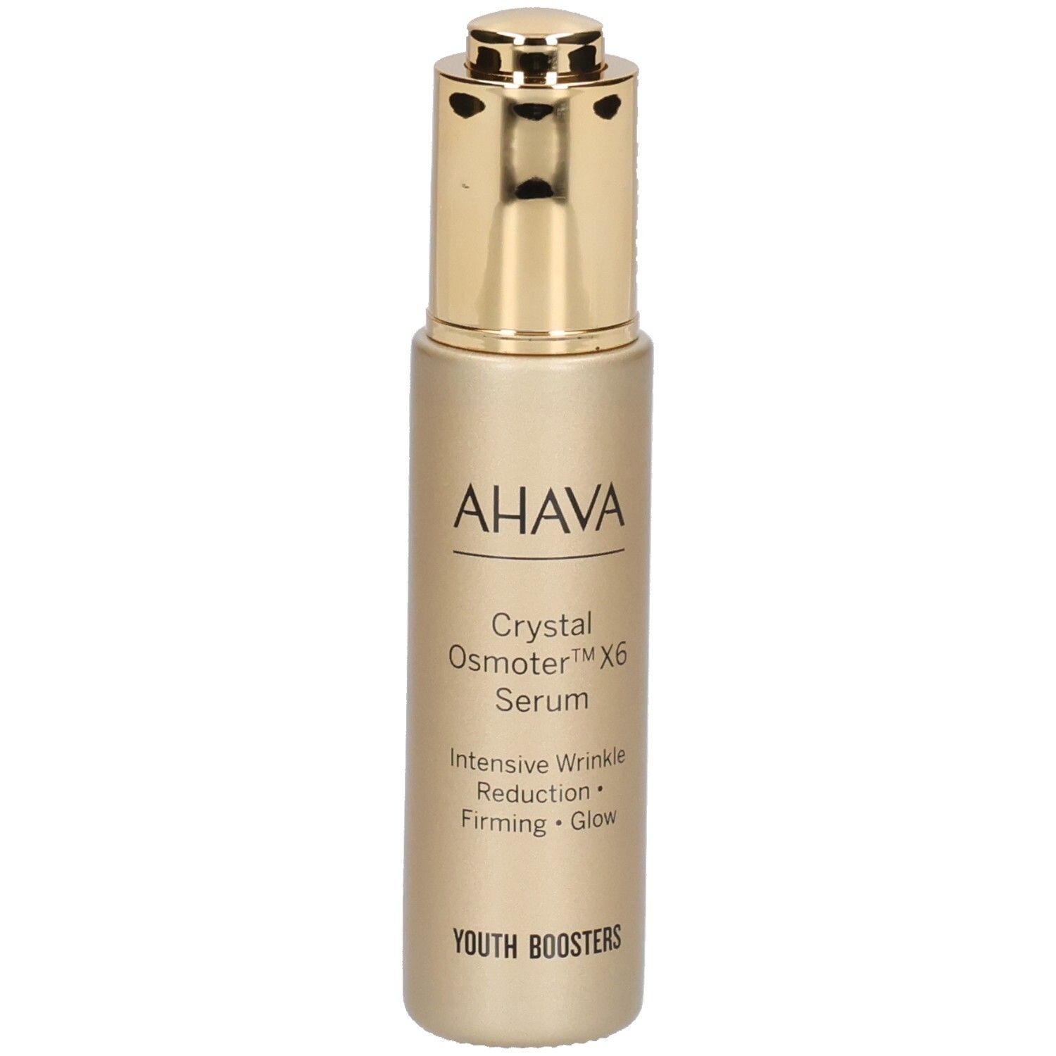 Flacon doré avec logo AHAVA et nom du produit. Contient du sérum. Avec bouchon doré.