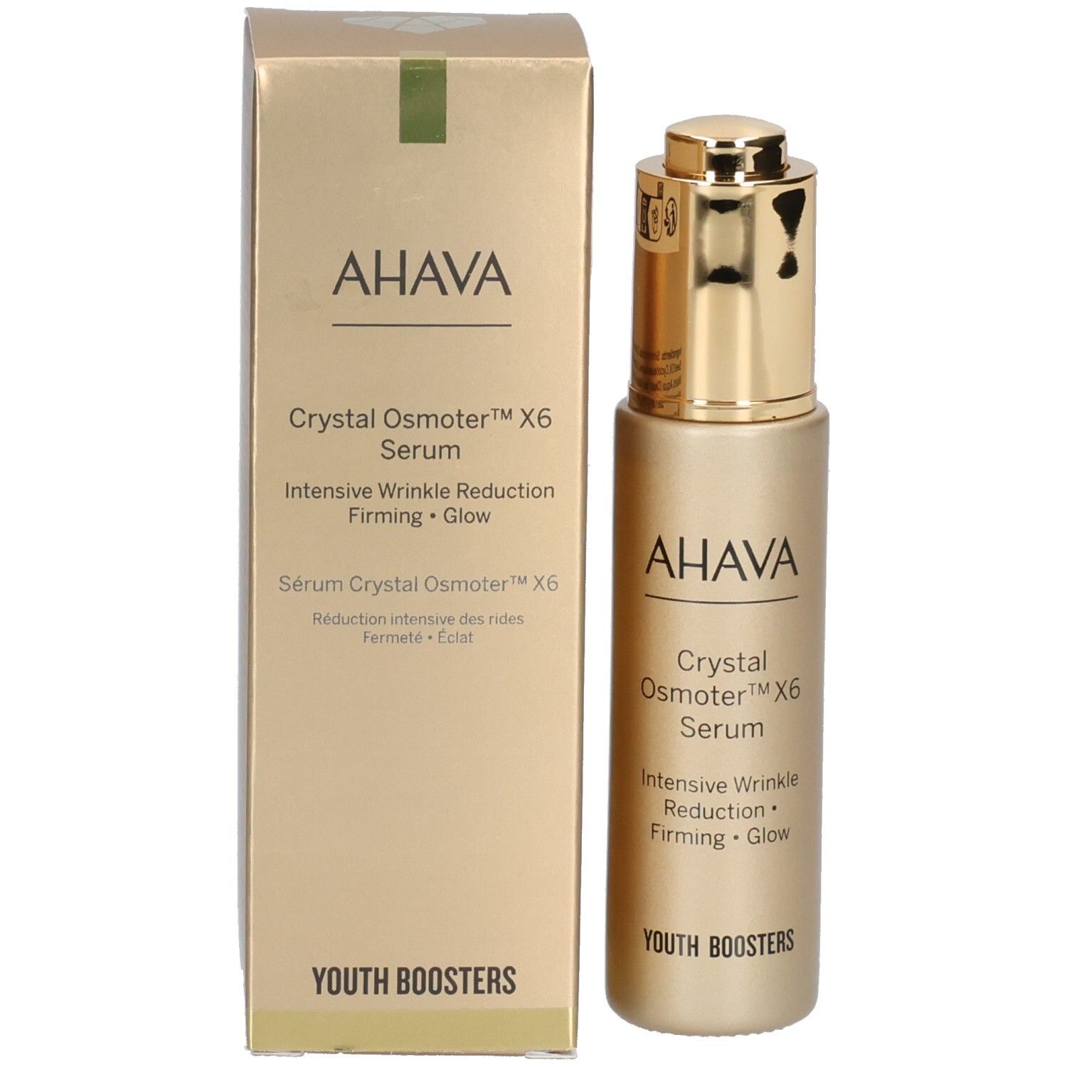 Flacon et boîte dorés avec logo AHAVA et nom du produit. Contient du sérum. Avec bouchon doré.
