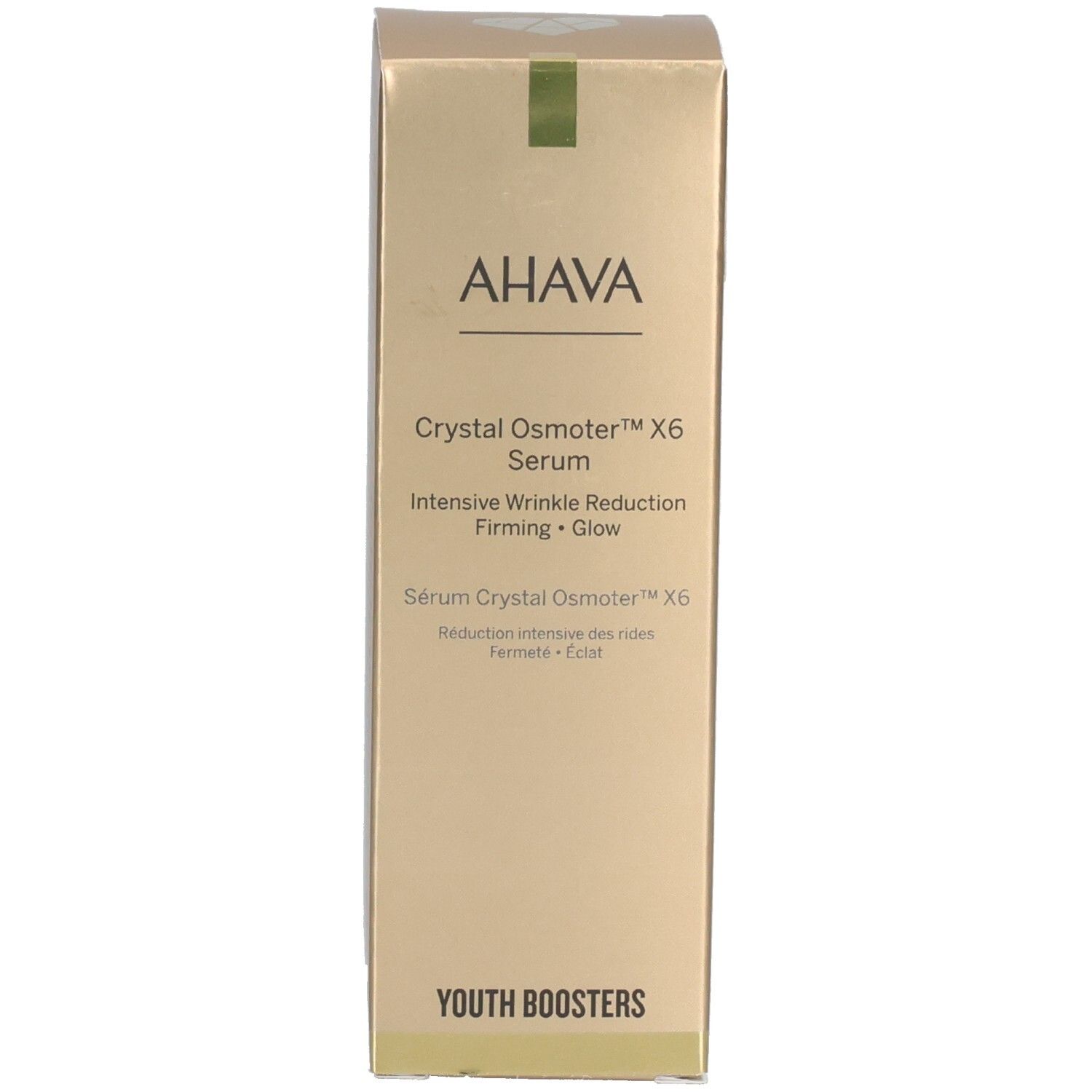 Boîte dorée avec logo AHAVA et nom du produit. Contient du sérum. Avec bande verte.