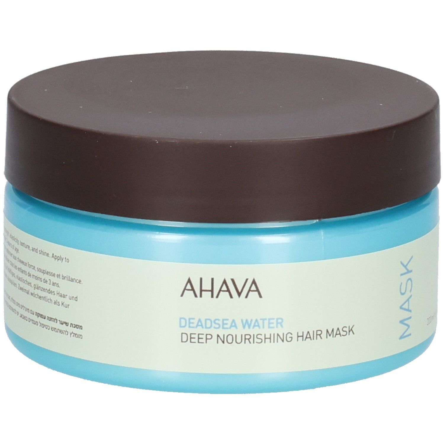Pot bleu et marron avec couvercle. Logo AHAVA et nom du produit. Texte sur l'étiquette. Masque pour cheveux.