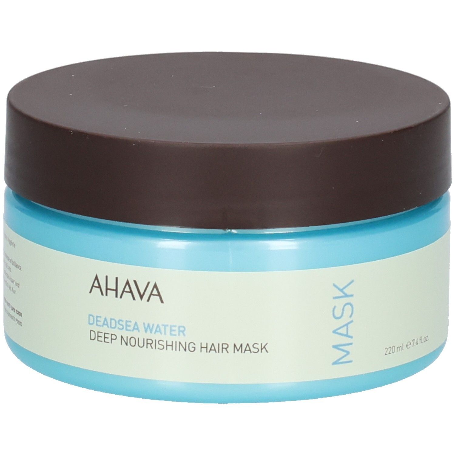 Pot bleu et marron avec couvercle. Logo AHAVA et nom du produit. Masque pour cheveux.