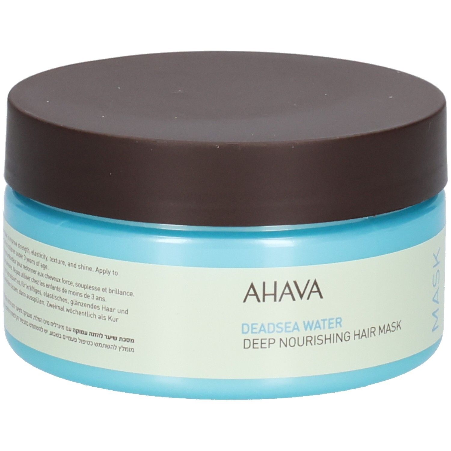 Pot bleu et marron avec couvercle. Logo AHAVA et nom du produit. Masque pour cheveux.