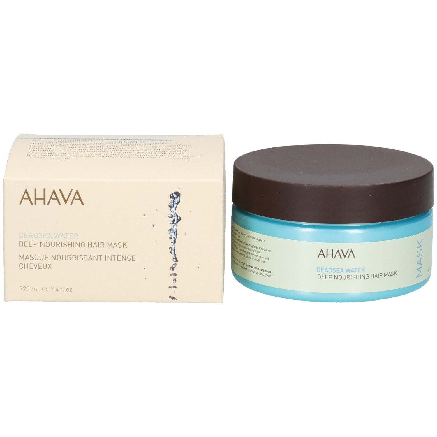 Pot et boîte. Logo AHAVA et nom du produit. Masque pour cheveux. Boîte avec informations sur le produit.