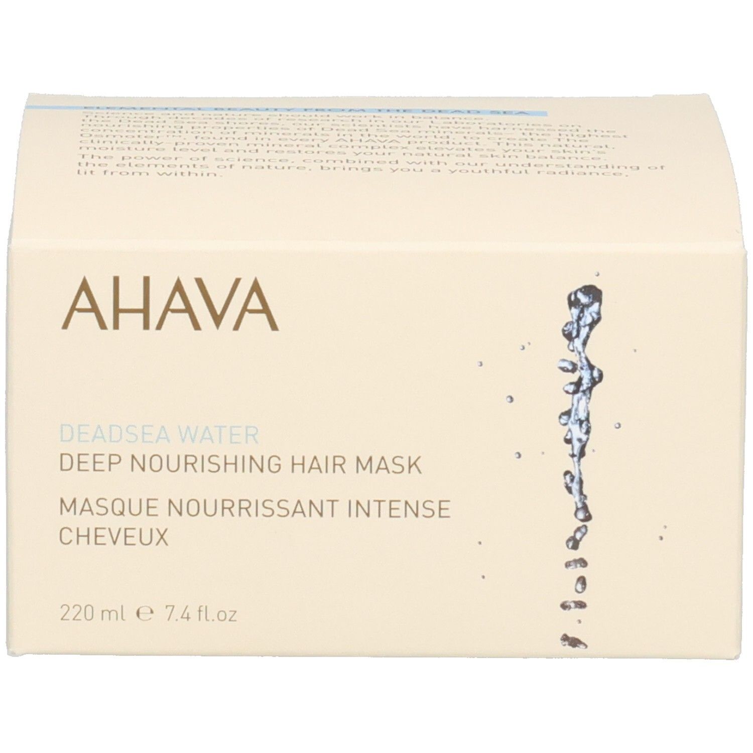 Boîte. Logo AHAVA et nom du produit. Masque pour cheveux. Informations sur le produit.