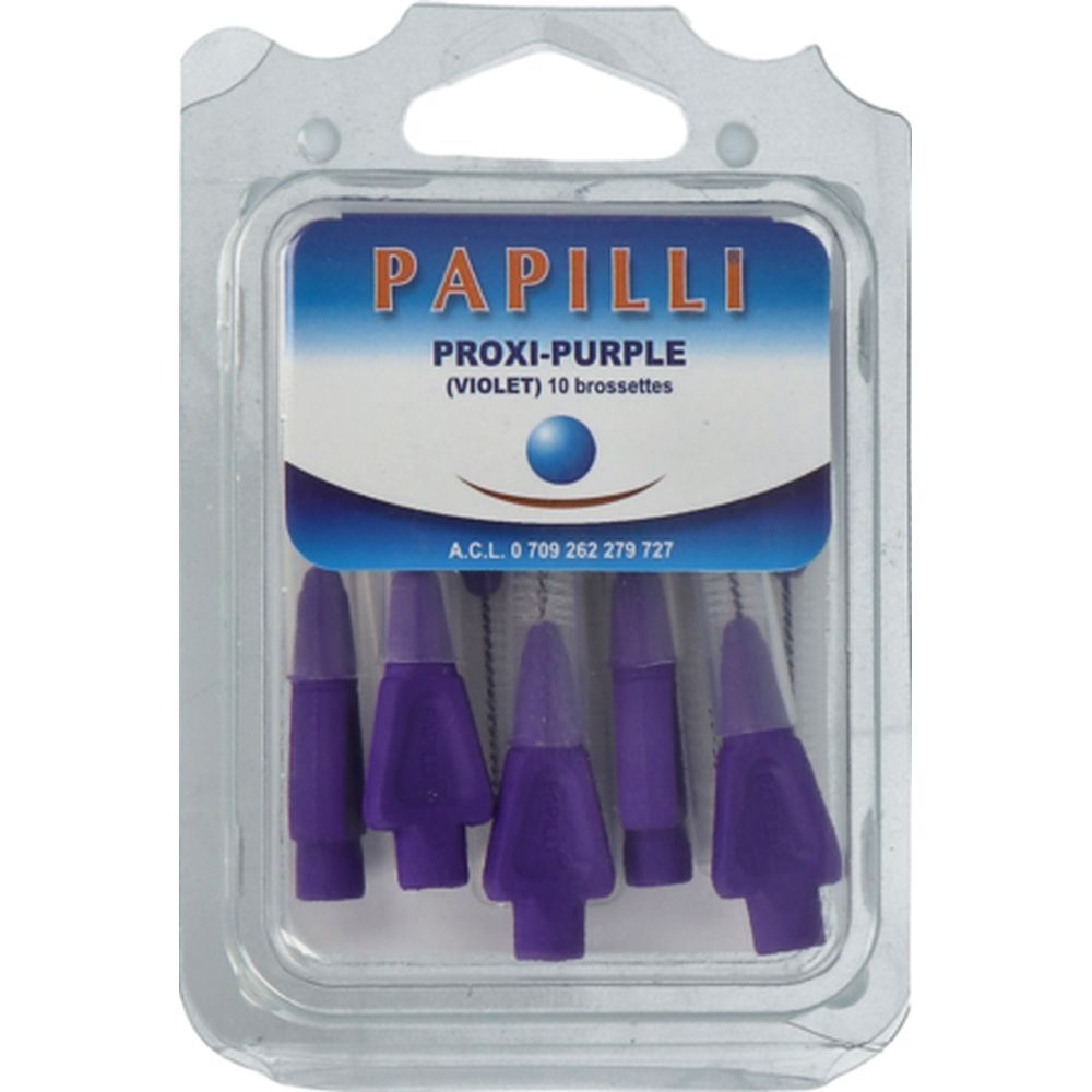 Blister de brossettes interdentaires violettes. Inscription: PAPILLI PROXI-PURPLE (VIOLET) 10 brossettes.