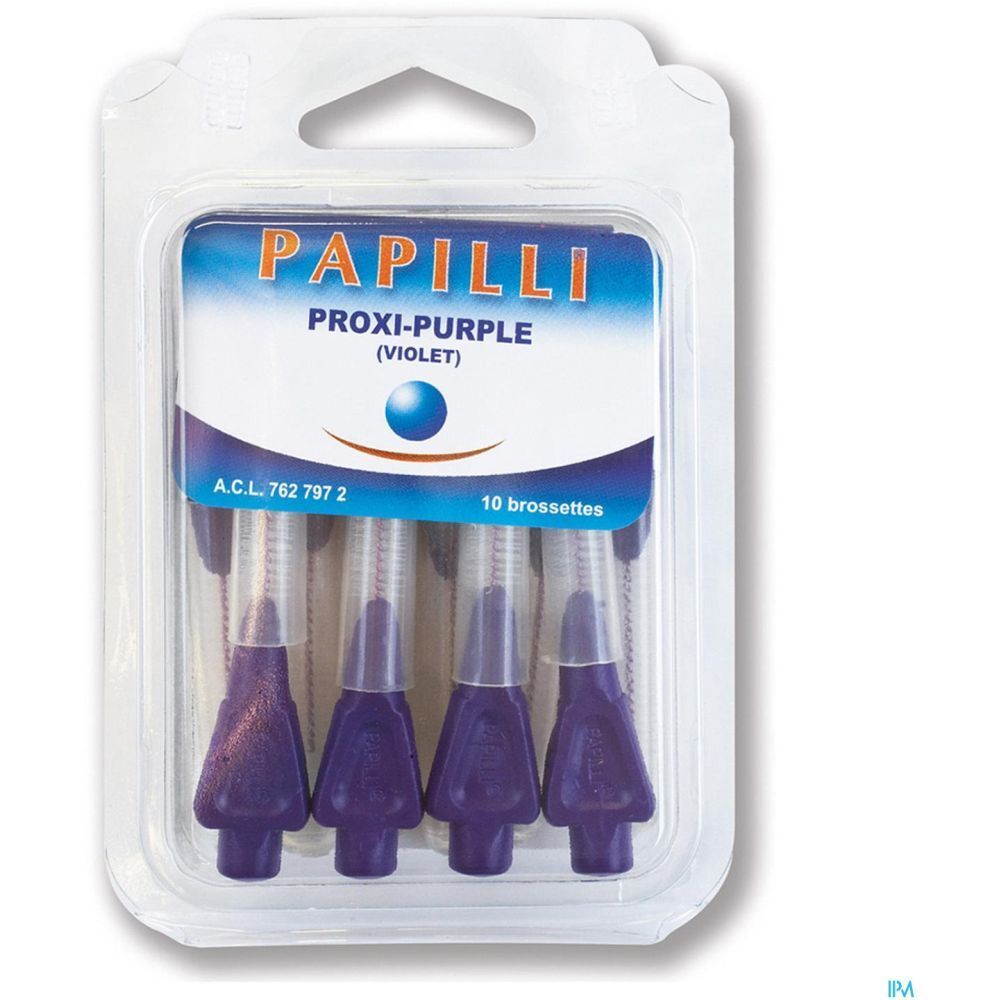 Blister de brossettes interdentaires violettes. Inscription: PAPILLI PROXI-PURPLE (VIOLET) 10 brossettes.