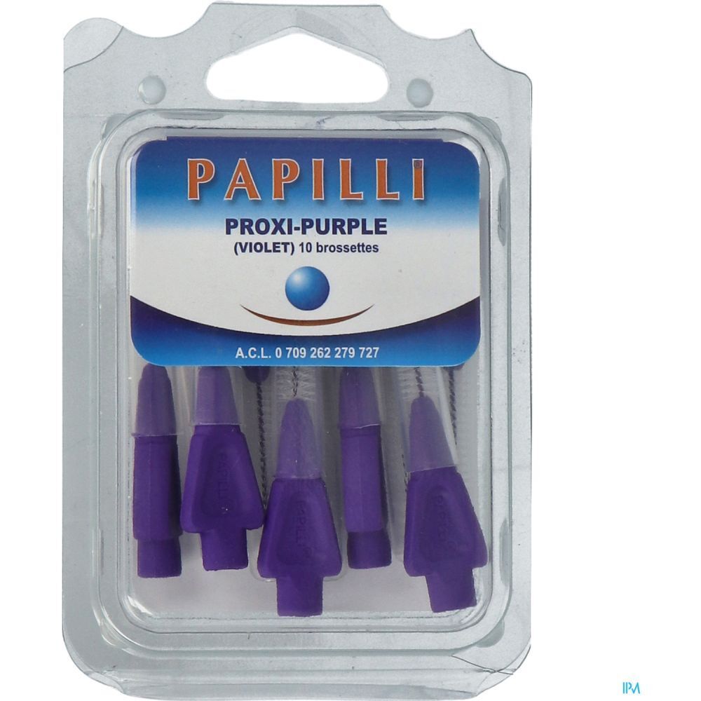 Blister de brossettes interdentaires violettes. Inscription: PAPILLI PROXI-PURPLE (VIOLET) 10 brossettes.