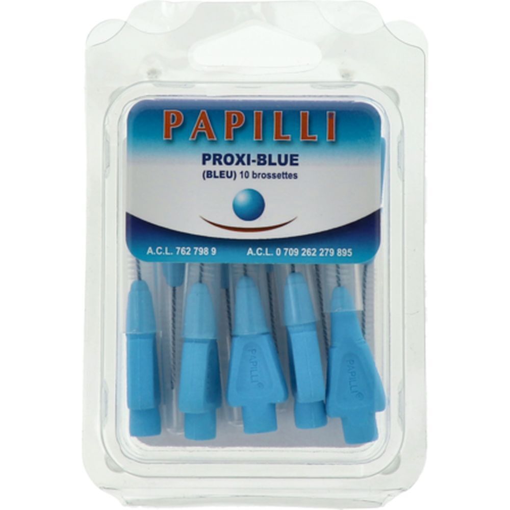 Blister contenant des brossettes interdentaires bleues. Inscription: PAPILLI PROXI-BLUE (BLEU) 10 brossettes.