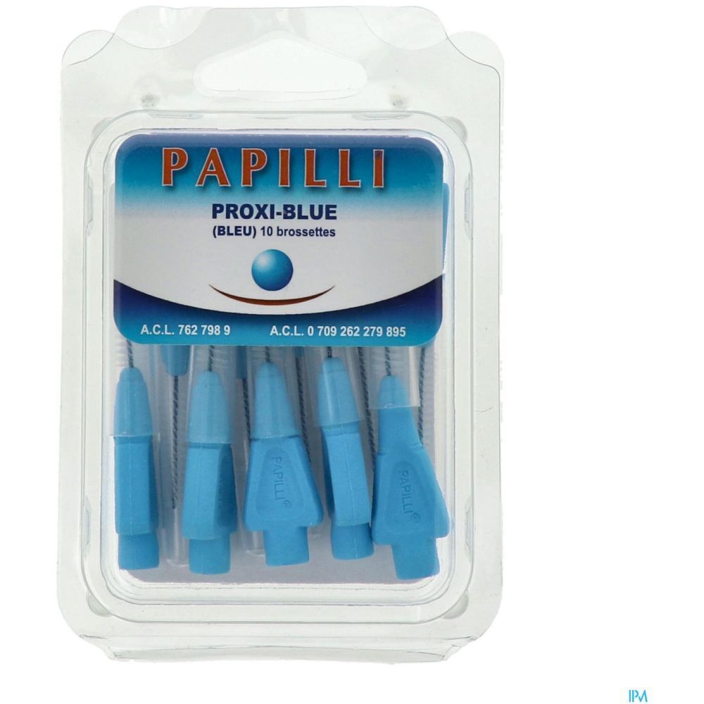 Blister contenant des brossettes interdentaires bleues. Inscription: PAPILLI PROXI-BLUE (BLEU) 10 brossettes.