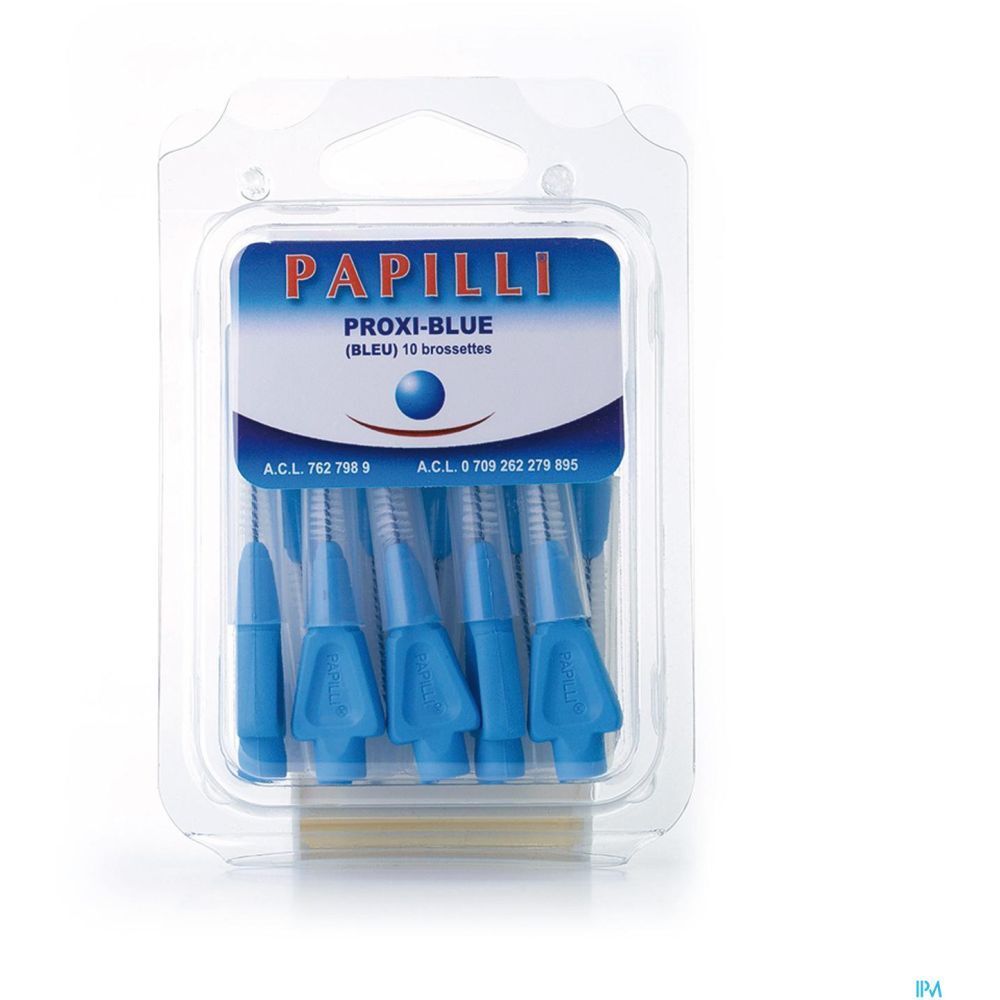 Blister contenant des brossettes interdentaires bleues. Inscription: PAPILLI PROXI-BLUE (BLEU) 10 brossettes.