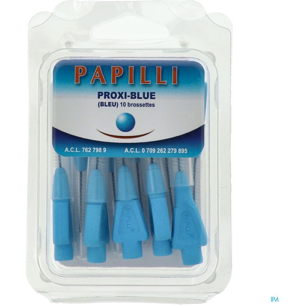Blister contenant des brossettes interdentaires bleues. Inscription: PAPILLI PROXI-BLUE (BLEU) 10 brossettes.