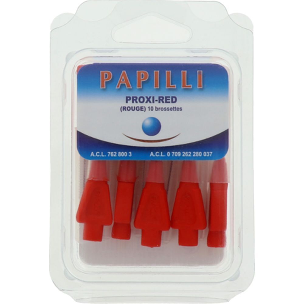 Blister contenant des brossettes Papilli Proxi-Red rouges. 10 brossettes. Inscription visible et numéros A.C.L.