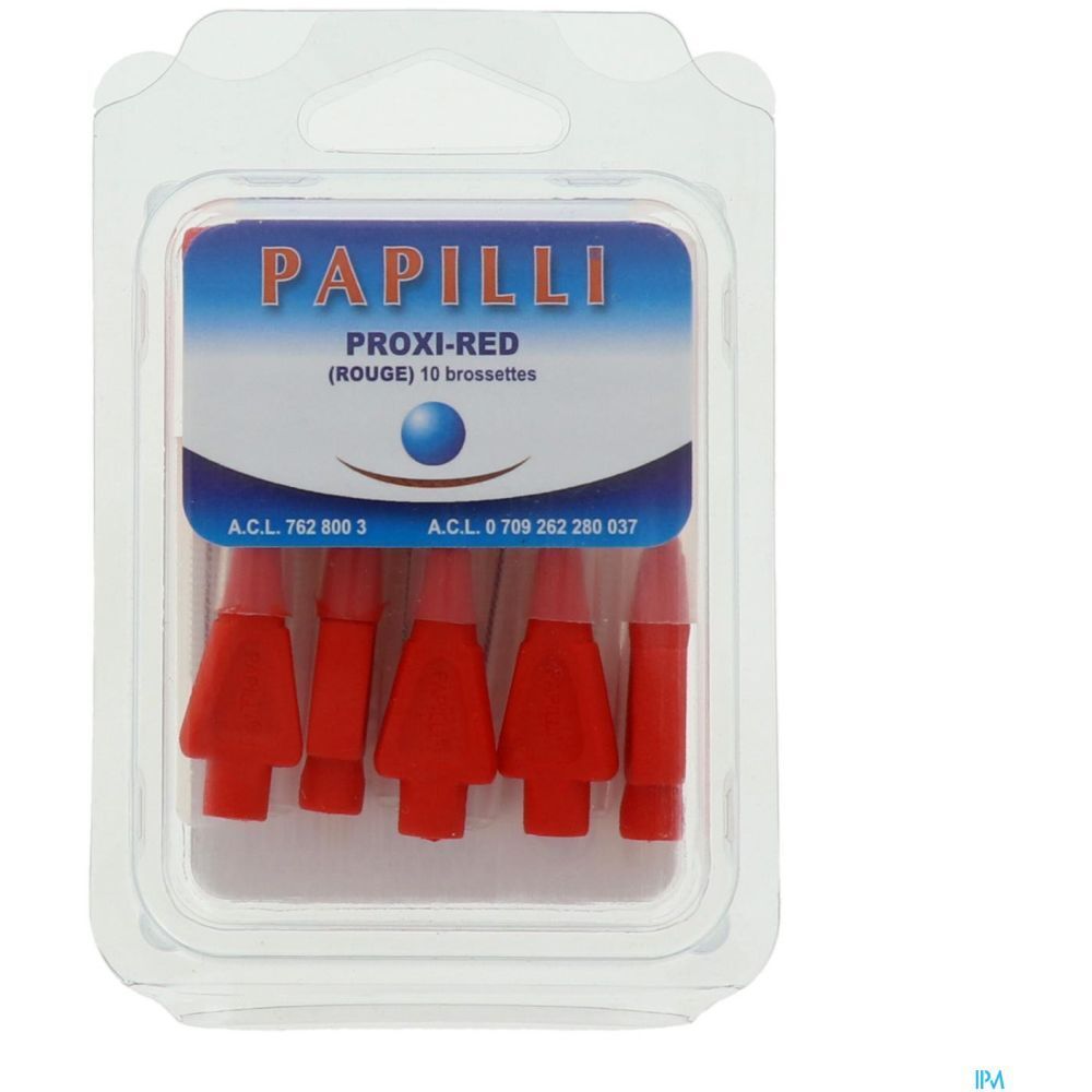 Blister de brossettes Papilli Proxi-Red rouges. 10 brossettes. Inscription et numéros A.C.L. visibles.