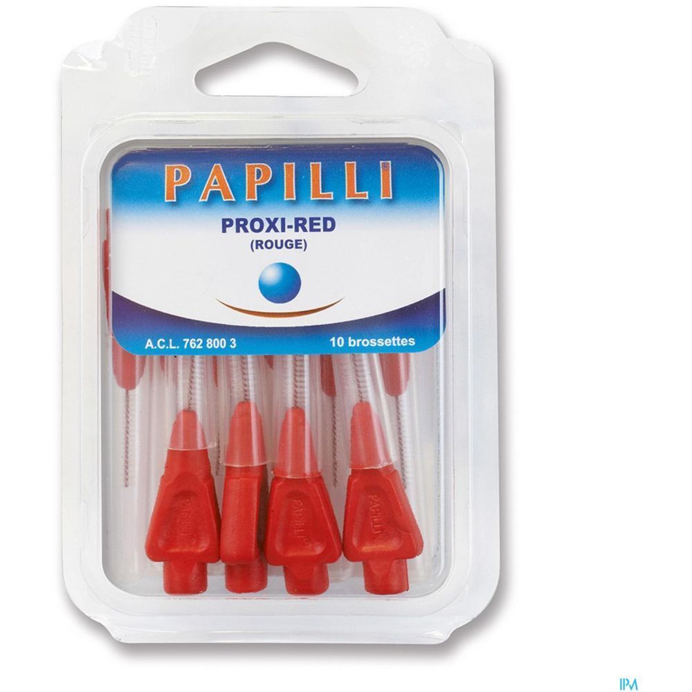 Blister de brossettes Papilli Proxi-Red rouges. 10 brossettes. Inscription et numéros A.C.L. visibles.