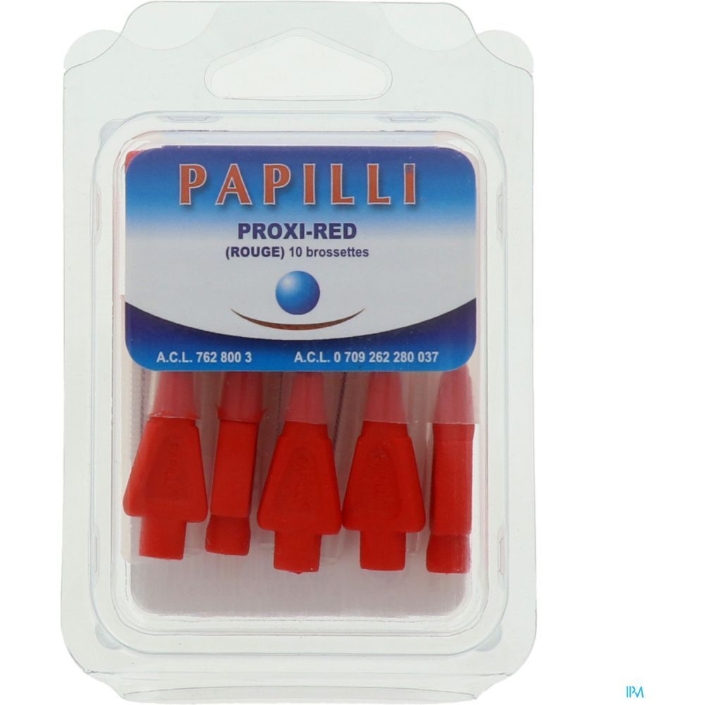 Blister de brossettes Papilli Proxi-Red rouges. 10 brossettes. Inscription et numéros A.C.L. visibles.