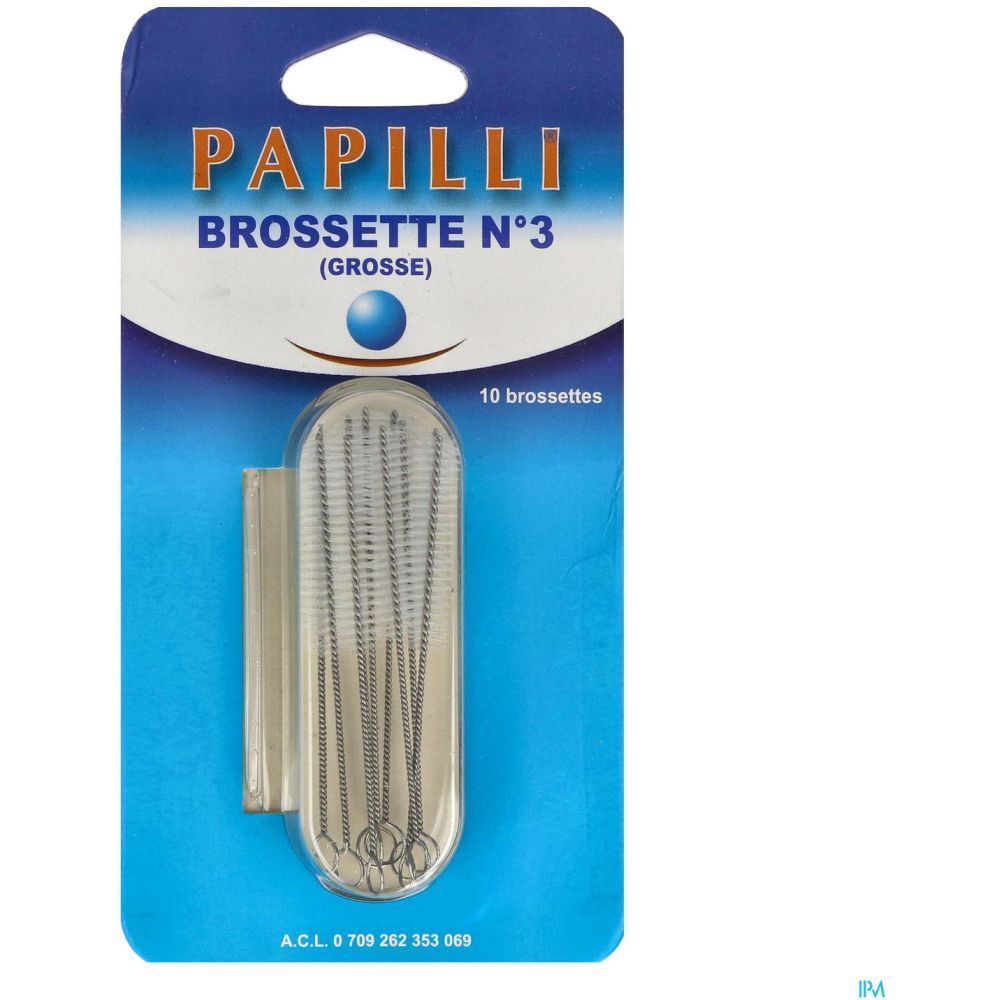 Brosses interdentaires en blister. Inscription: PAPILLI BROSSETTE N°3 (GROSSE), 10 brosses. Emballage bleu.